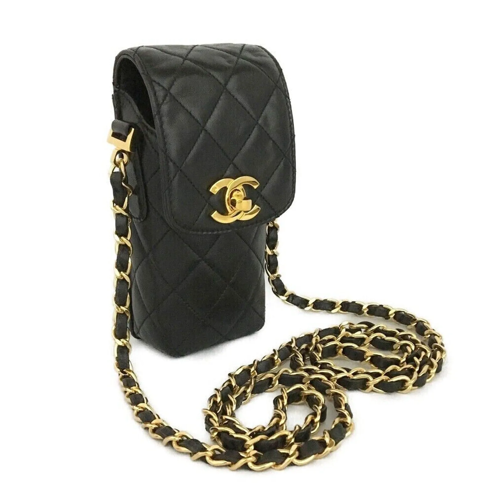 100% Authentic CHANEL Quilted Matelasse CC Logo Lambskin Chain Crossbody Bag