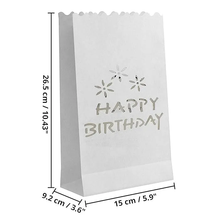 100 Pack White Happy Birthday Luminary Paper Candle Tea Light Lantern Bags Garden Anniversary Birthday Night Decorations Evening Party