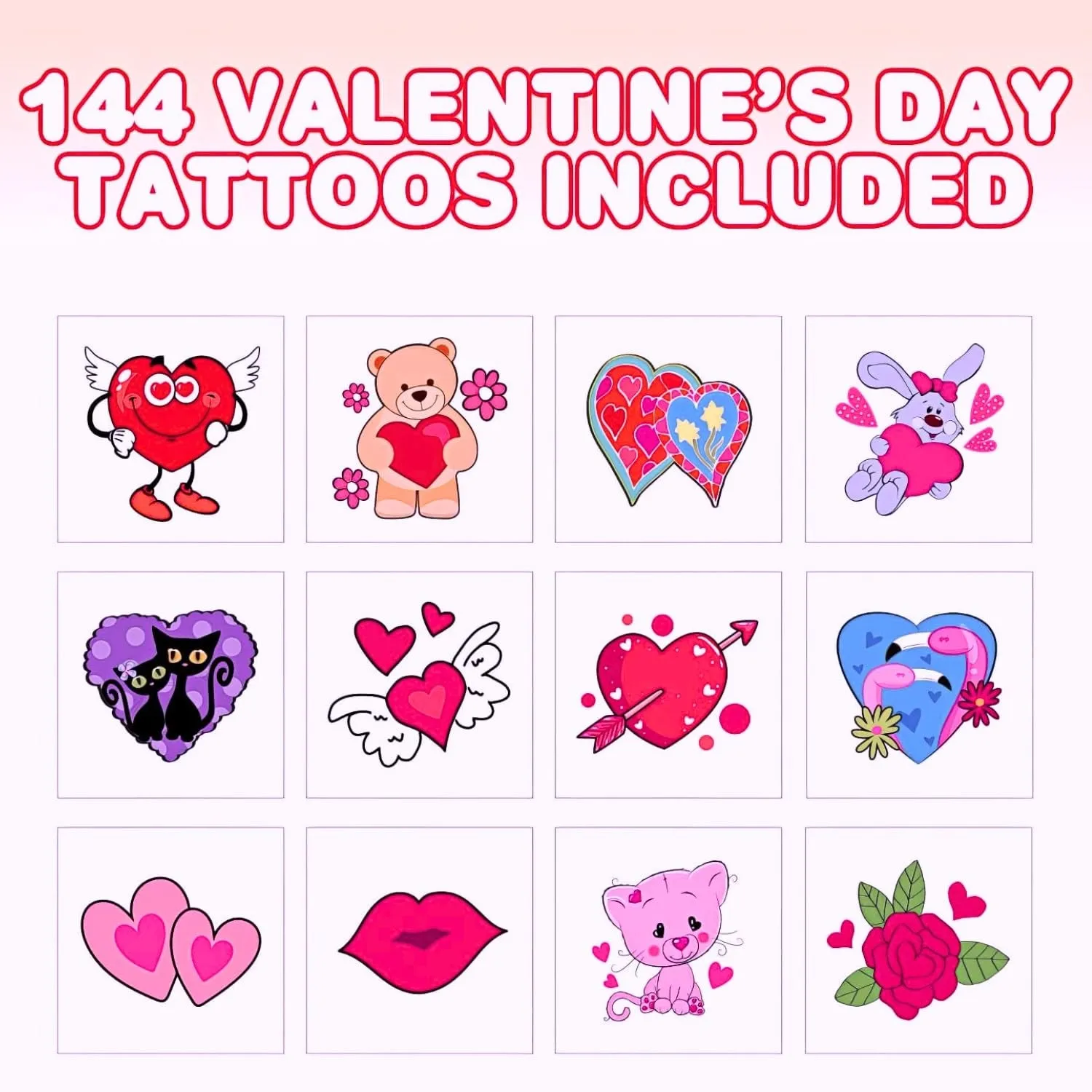 144 Valentines Tattoos for Kids - Cool Valentines Goodie Bag Stuffers, Heart Love Tattoo Stickers -Valentines for Kids Classroom Exchange - Valentines Treats, Valentine Party Favors,