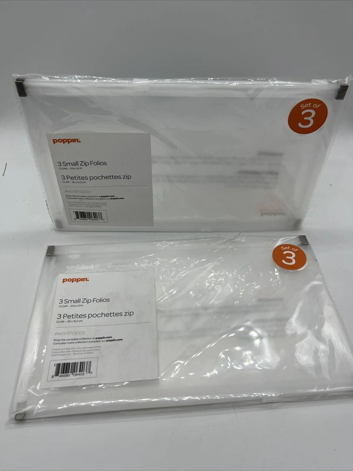 (2) Poppin 3 Small Zip Folios Clear : 10-1/4" x 6" : Protect & View Travel Pouch