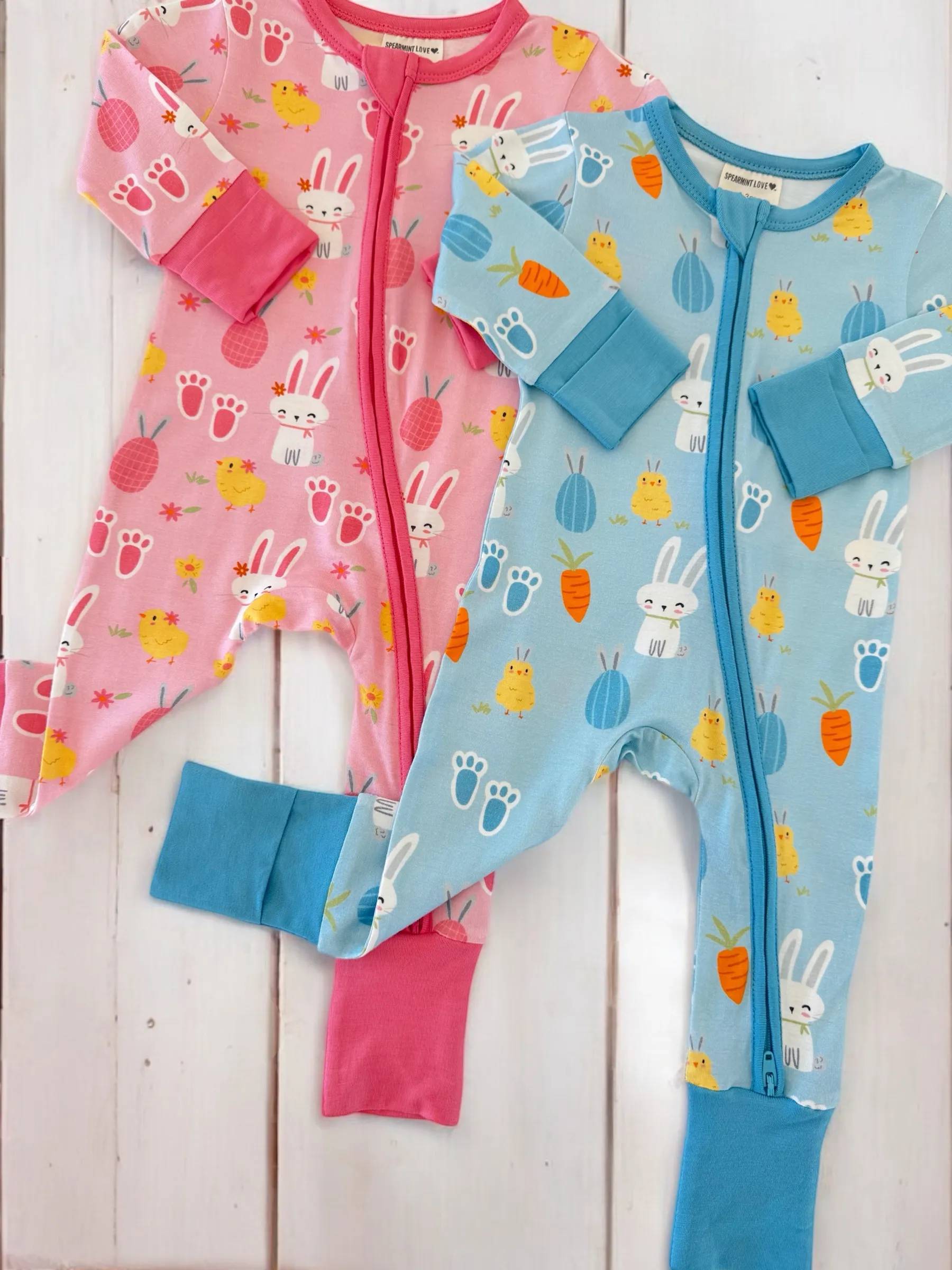 2-Way Convertible Zip Romper, Blue Easter Bunny
