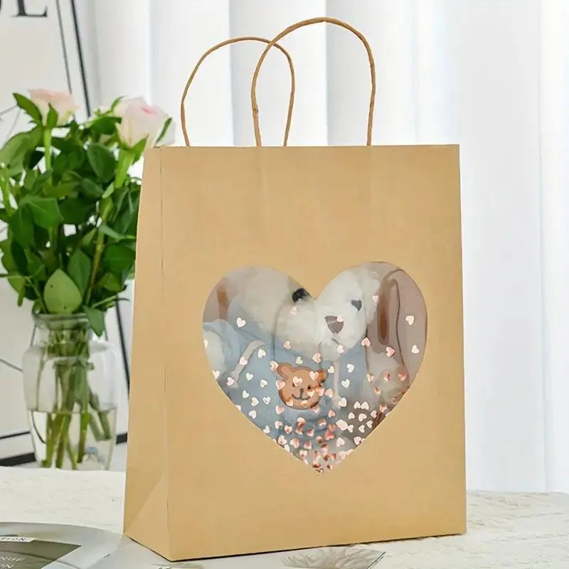 20pcs Small Kraft Paper Window Gift Tote Bag 21x25.5x10cm for Presents Shopping