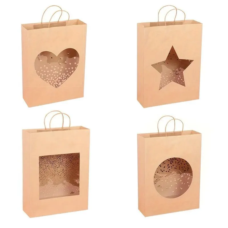20pcs Small Kraft Paper Window Gift Tote Bag 21x25.5x10cm for Presents Shopping