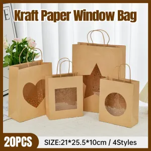 20pcs Small Kraft Paper Window Gift Tote Bag 21x25.5x10cm for Presents Shopping