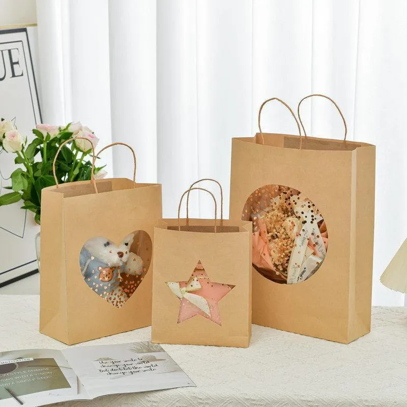20pcs Small Kraft Paper Window Gift Tote Bag 21x25.5x10cm for Presents Shopping