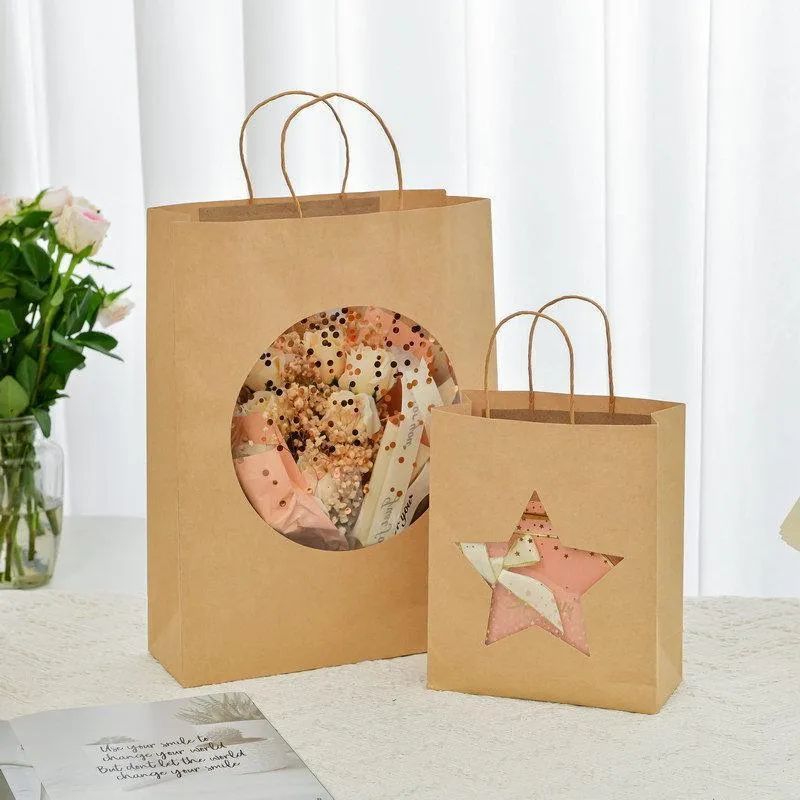 20pcs Small Kraft Paper Window Gift Tote Bag 21x25.5x10cm for Presents Shopping