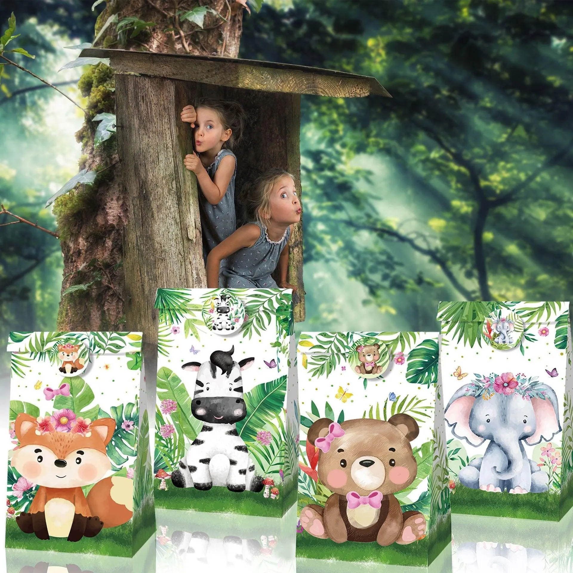 24x Jungle Animal Kraft Paper Bags Set Vibrant Designs Party Favors 4 Styles