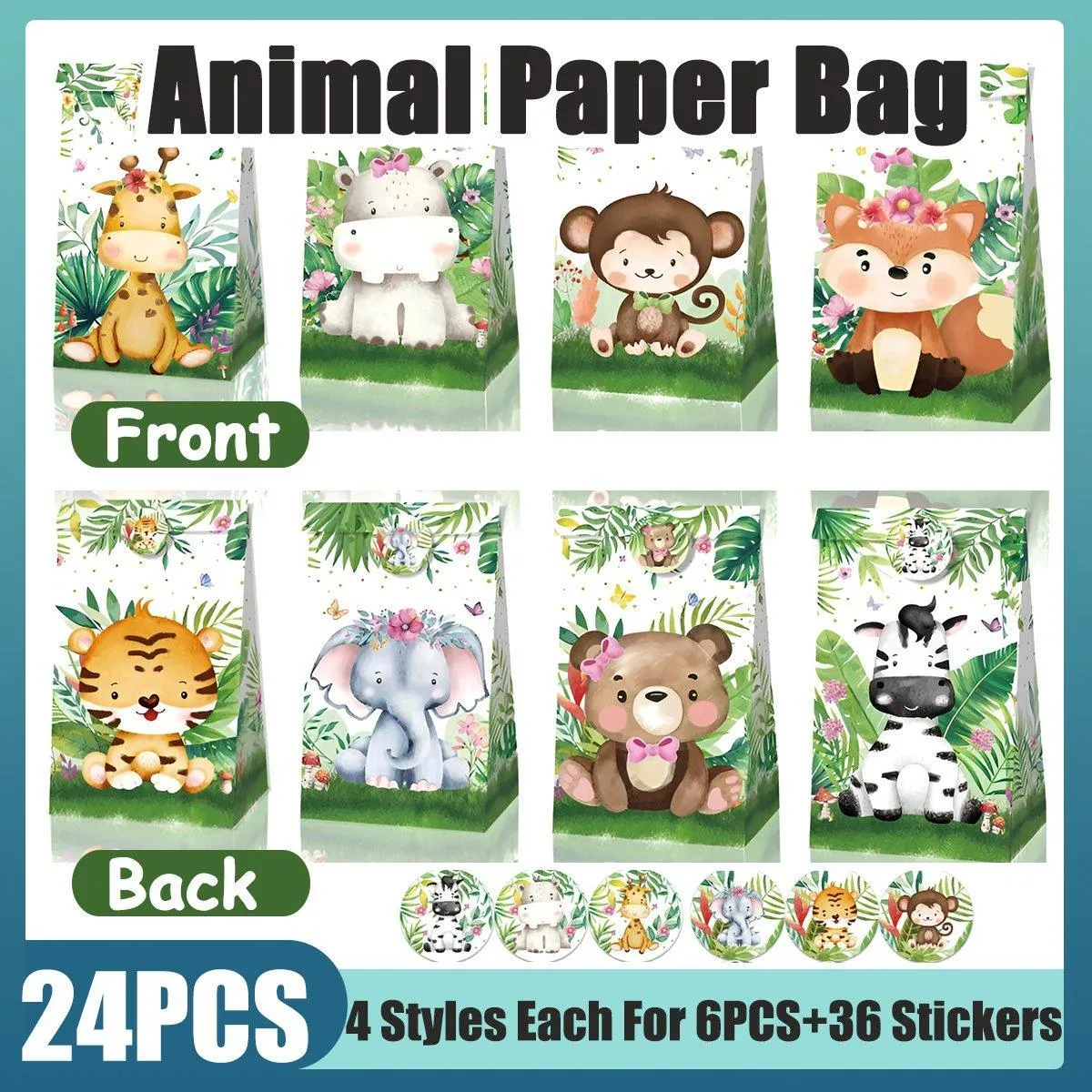 24x Jungle Animal Kraft Paper Bags Set Vibrant Designs Party Favors 4 Styles