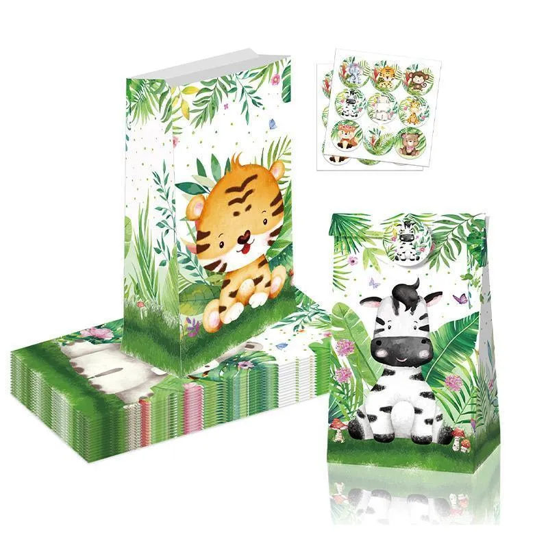 24x Jungle Animal Kraft Paper Bags Set Vibrant Designs Party Favors 4 Styles
