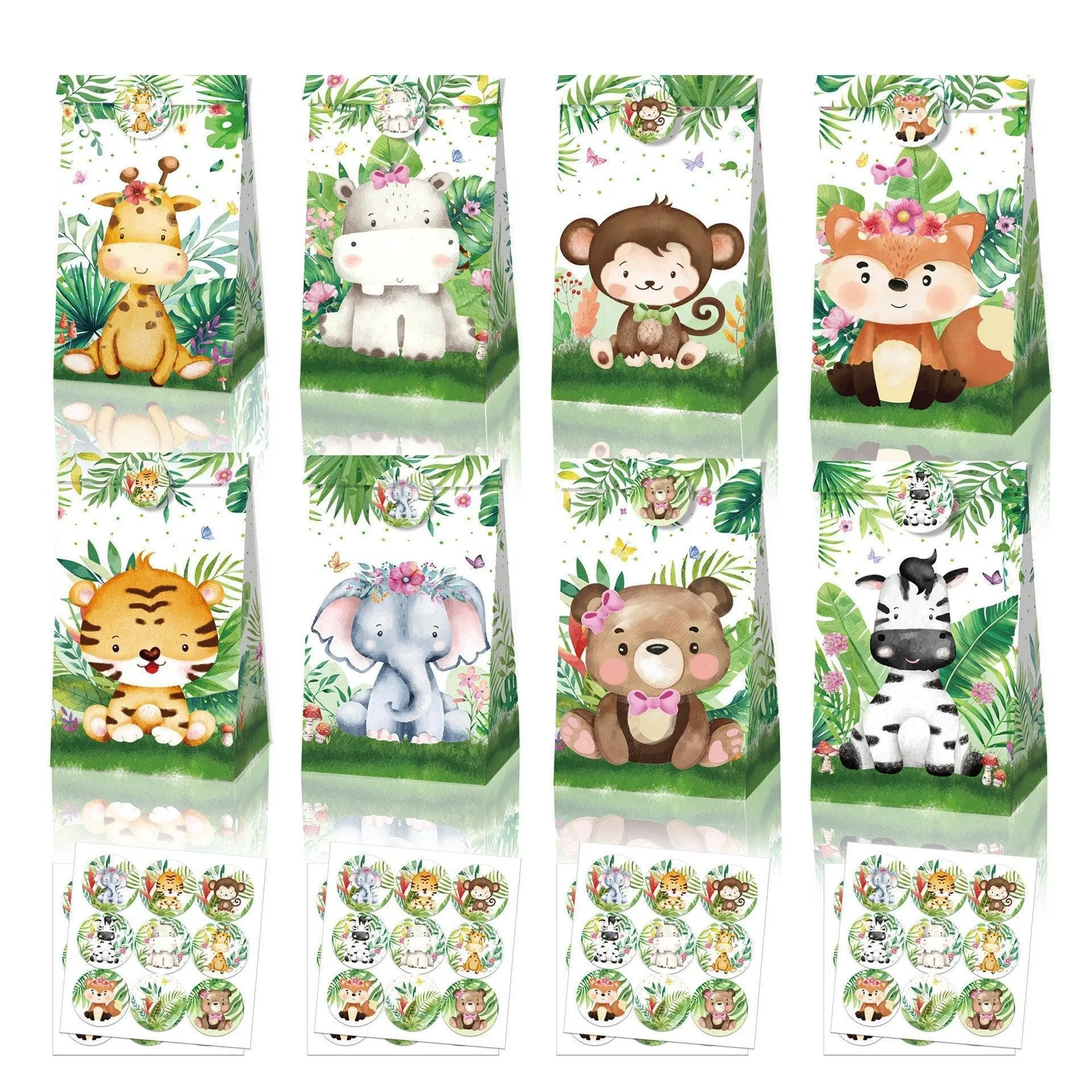 24x Jungle Animal Kraft Paper Bags Set Vibrant Designs Party Favors 4 Styles