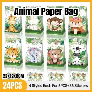 24x Jungle Animal Kraft Paper Bags Set Vibrant Designs Party Favors 4 Styles