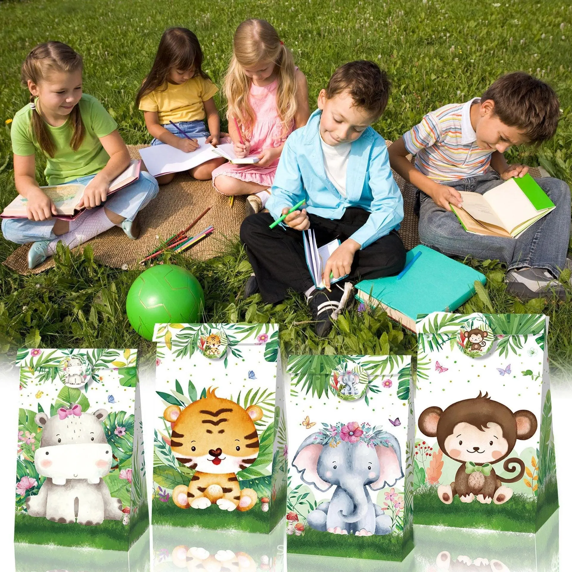 24x Jungle Animal Kraft Paper Bags Set Vibrant Designs Party Favors 4 Styles