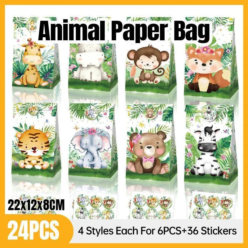 24x Jungle Animal Kraft Paper Bags Set Vibrant Designs Party Favors 4 Styles