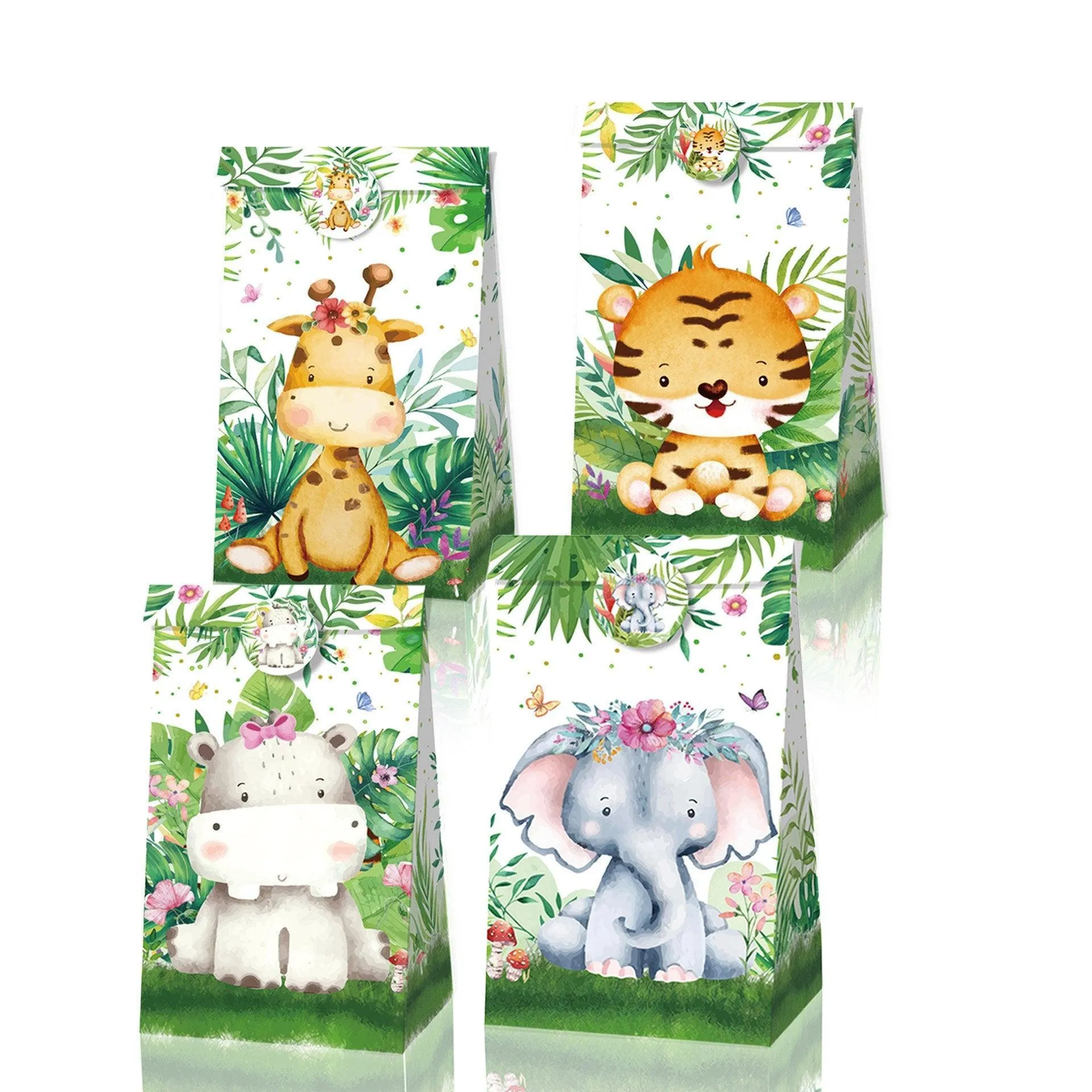 24x Jungle Animal Kraft Paper Bags Set Vibrant Designs Party Favors 4 Styles
