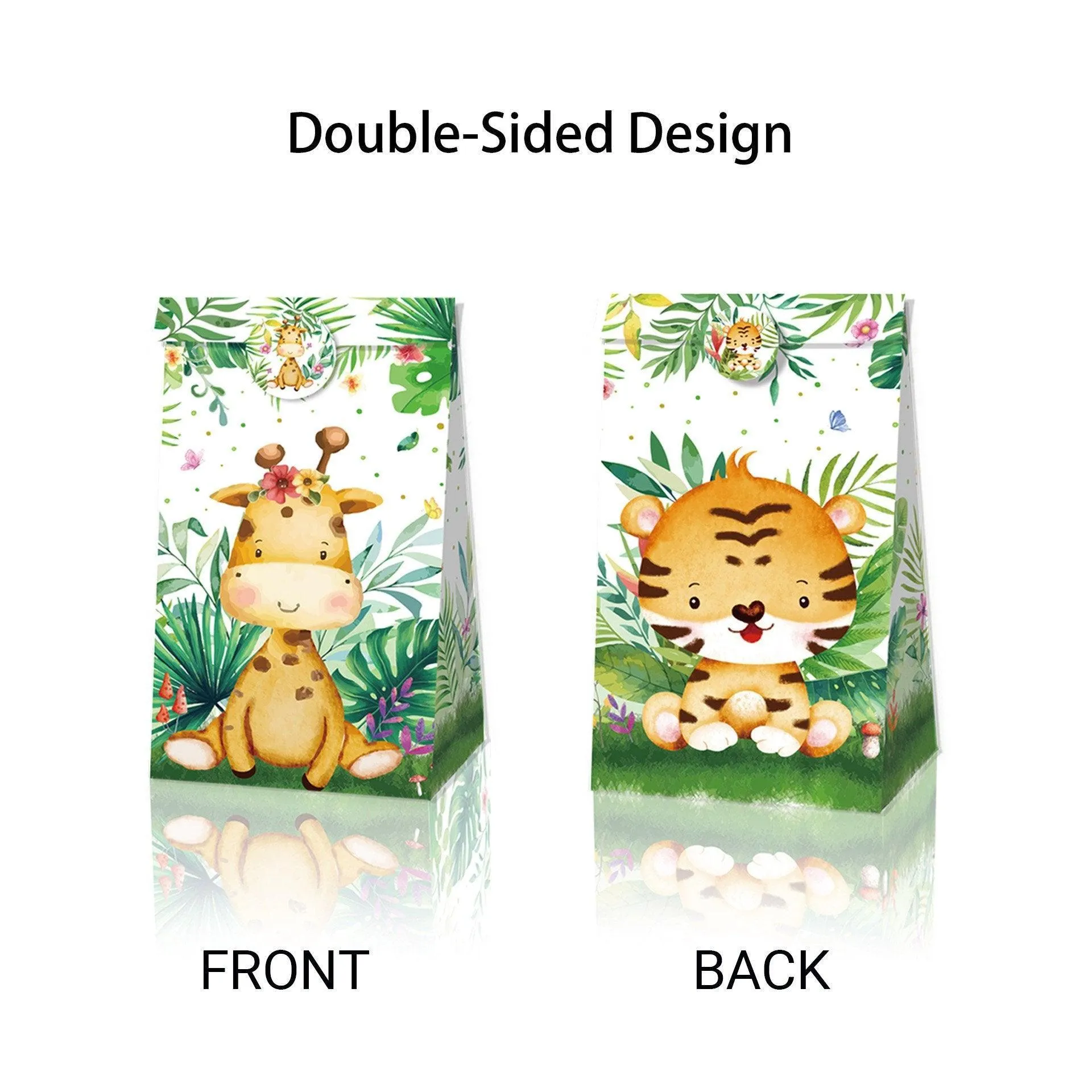 24x Jungle Animal Kraft Paper Bags Set Vibrant Designs Party Favors 4 Styles
