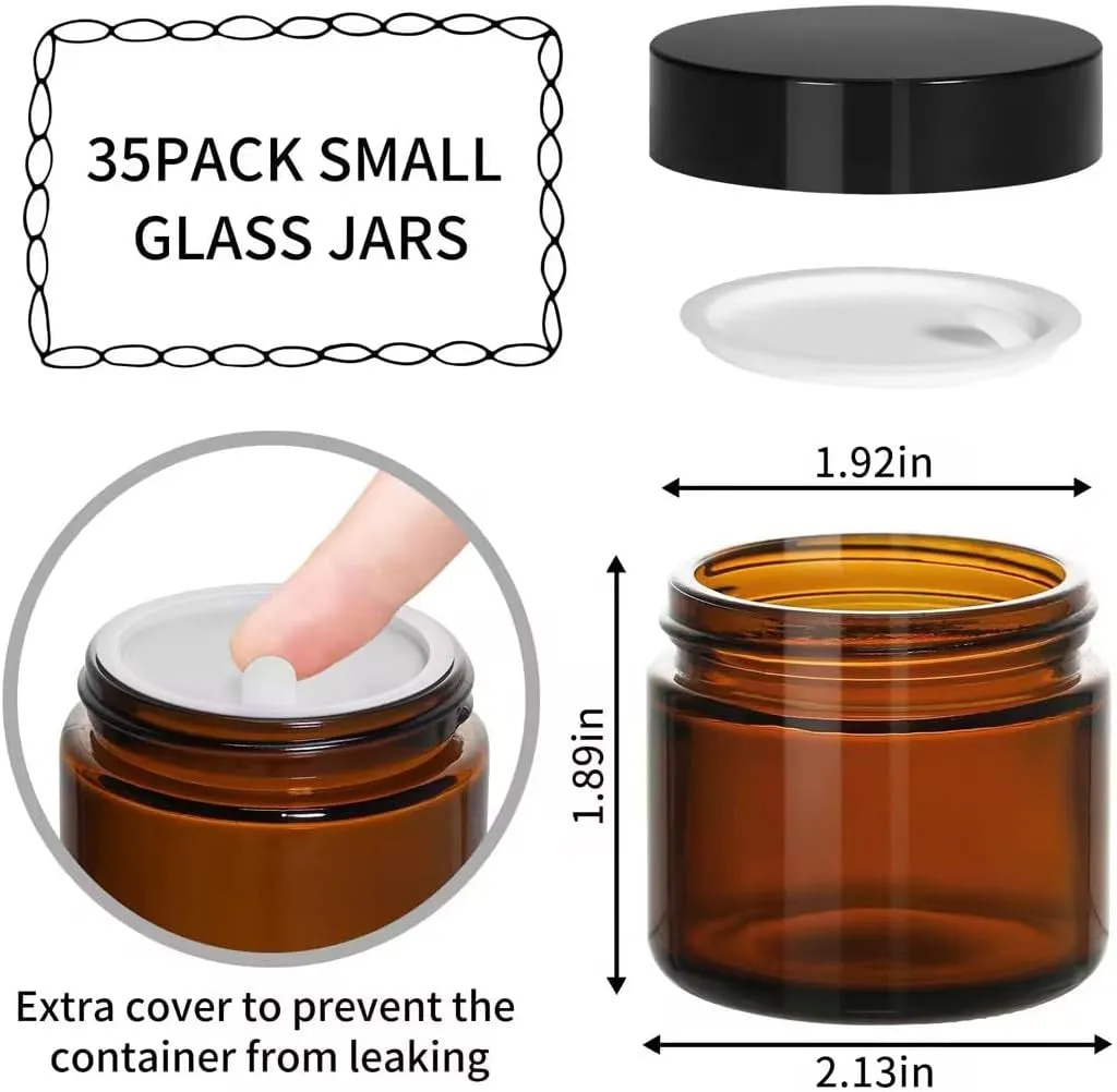 2Oz Small Glass Jars, 35 Pack Amber Glass Cosmetic Jars with Black Lids, round Sample Container with Inner Liners for Cream, Lotions, Powders and Ointments