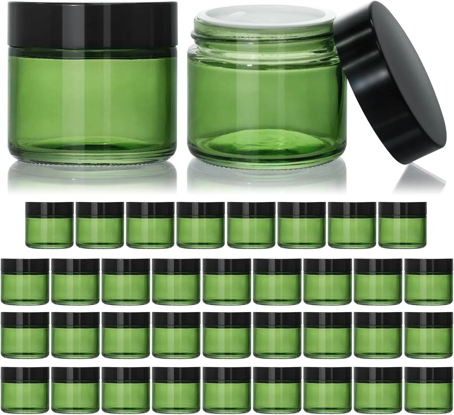 2Oz Small Glass Jars, 35 Pack Amber Glass Cosmetic Jars with Black Lids, round Sample Container with Inner Liners for Cream, Lotions, Powders and Ointments