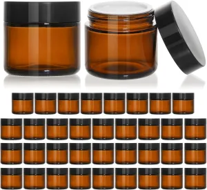 2Oz Small Glass Jars, 35 Pack Amber Glass Cosmetic Jars with Black Lids, round Sample Container with Inner Liners for Cream, Lotions, Powders and Ointments