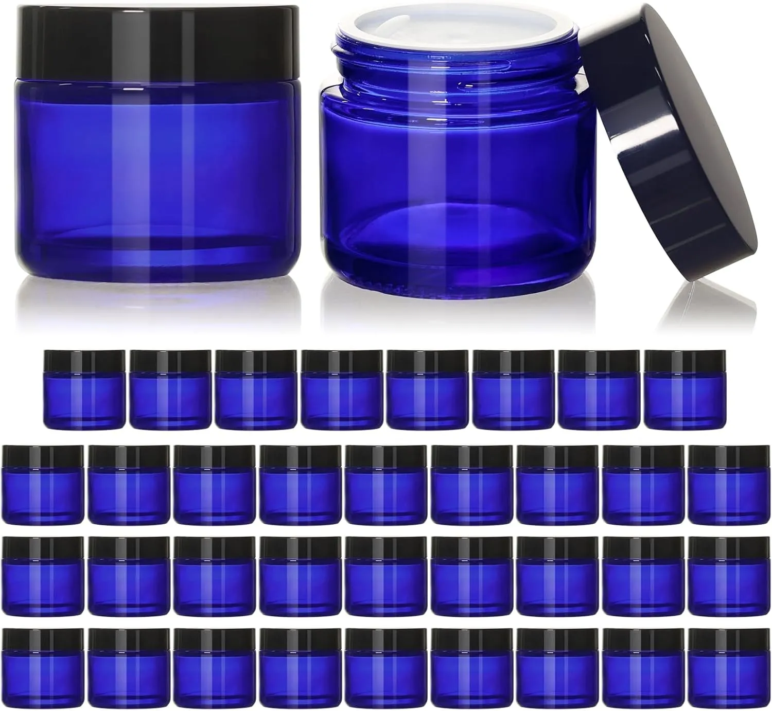 2Oz Small Glass Jars, 35 Pack Amber Glass Cosmetic Jars with Black Lids, round Sample Container with Inner Liners for Cream, Lotions, Powders and Ointments