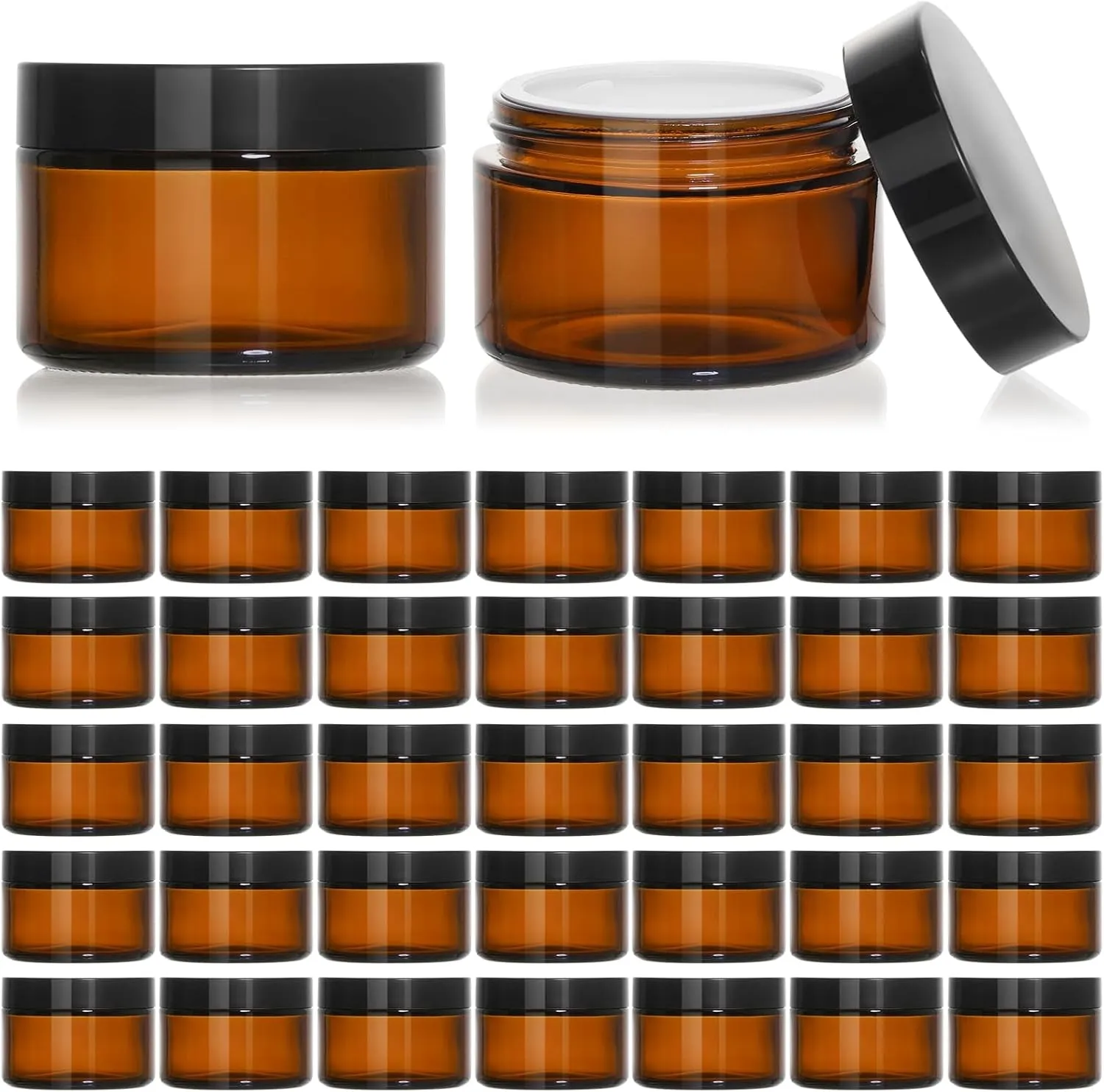 2Oz Small Glass Jars, 35 Pack Amber Glass Cosmetic Jars with Black Lids, round Sample Container with Inner Liners for Cream, Lotions, Powders and Ointments