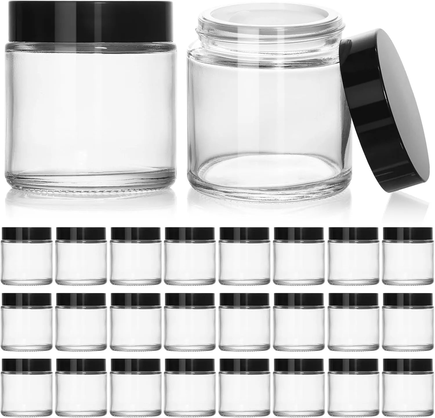 2Oz Small Glass Jars, 35 Pack Amber Glass Cosmetic Jars with Black Lids, round Sample Container with Inner Liners for Cream, Lotions, Powders and Ointments