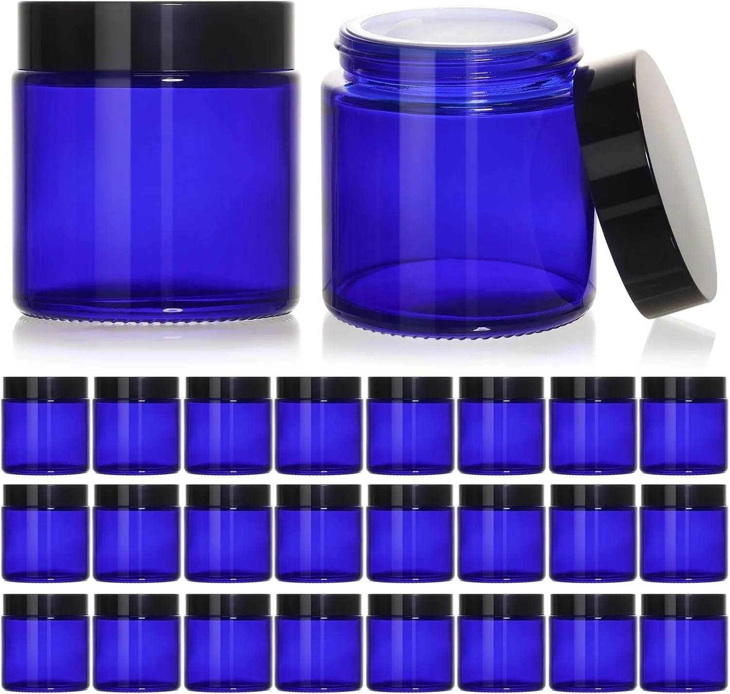 2Oz Small Glass Jars, 35 Pack Amber Glass Cosmetic Jars with Black Lids, round Sample Container with Inner Liners for Cream, Lotions, Powders and Ointments