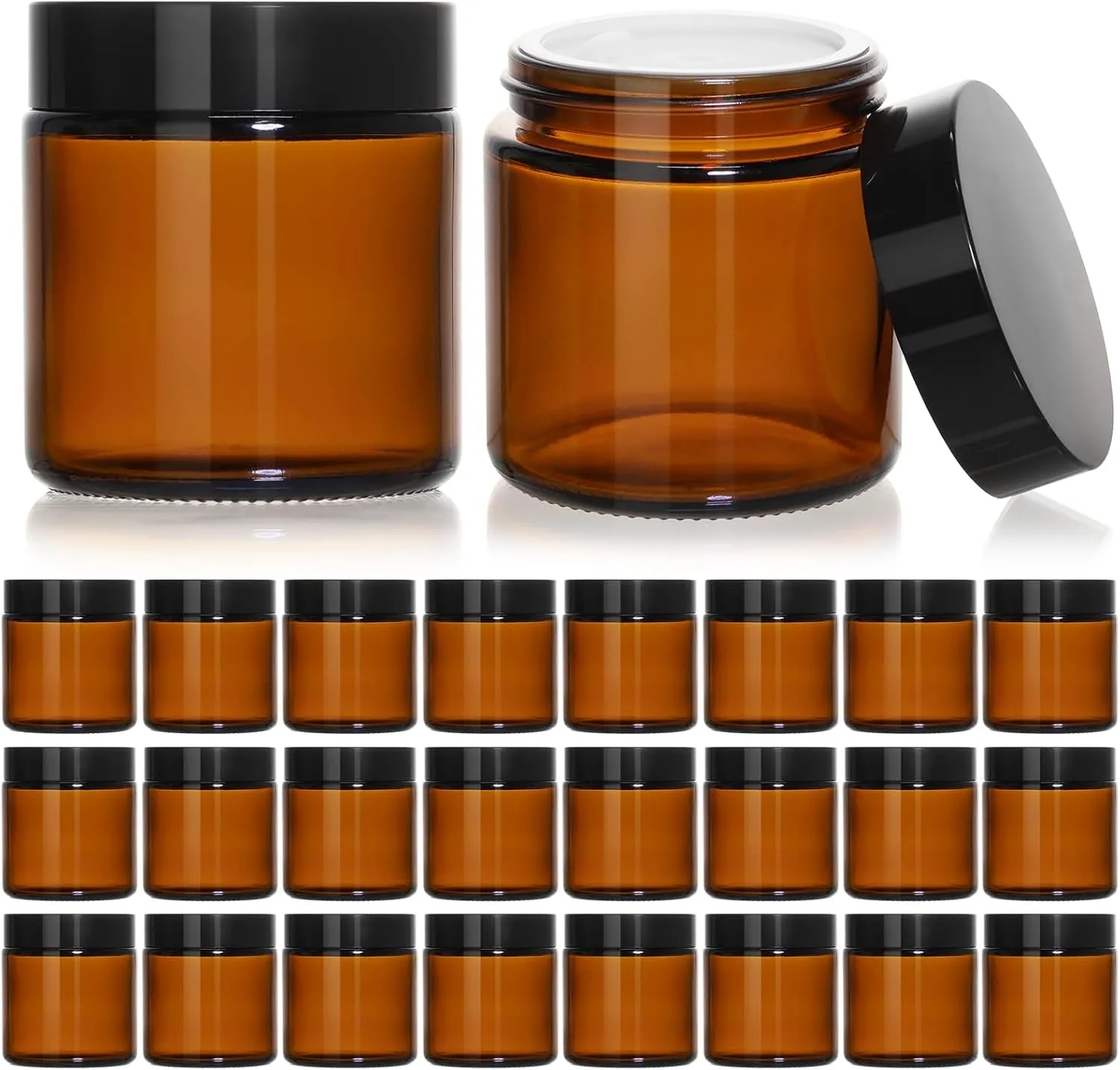 2Oz Small Glass Jars, 35 Pack Amber Glass Cosmetic Jars with Black Lids, round Sample Container with Inner Liners for Cream, Lotions, Powders and Ointments