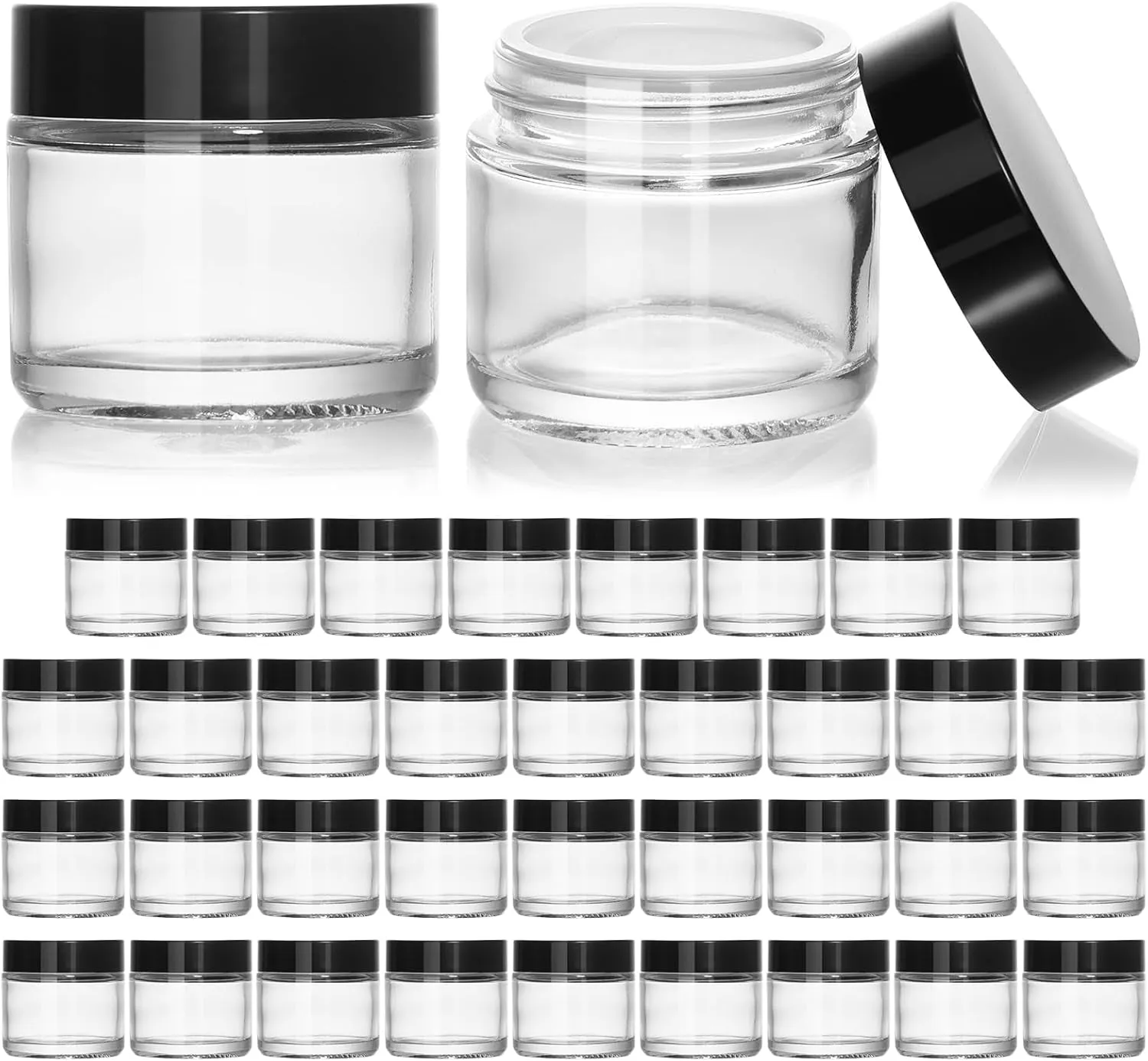 2Oz Small Glass Jars, 35 Pack Amber Glass Cosmetic Jars with Black Lids, round Sample Container with Inner Liners for Cream, Lotions, Powders and Ointments