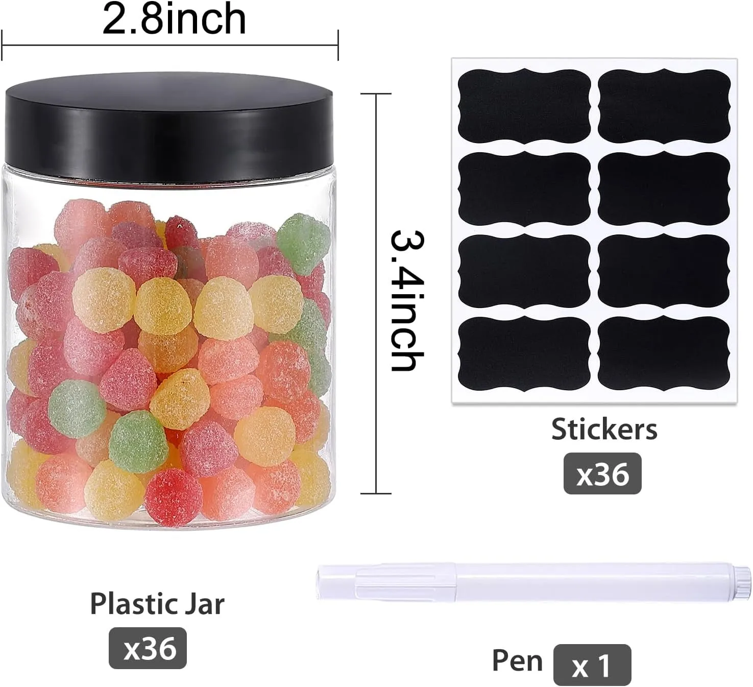 36PCS 8OZ Plastic Jars with Screw on Lids, Pen and Labels Refillable Empty round Slime Cosmetics Containers for Storing Dry Food, Makeup, Slime, Honey Jam, Cream, Butter, Lotion (Black)