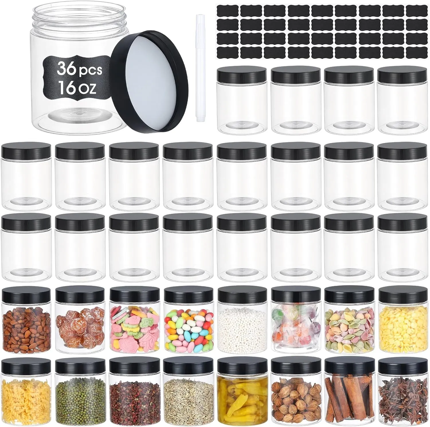36PCS 8OZ Plastic Jars with Screw on Lids, Pen and Labels Refillable Empty round Slime Cosmetics Containers for Storing Dry Food, Makeup, Slime, Honey Jam, Cream, Butter, Lotion (Black)