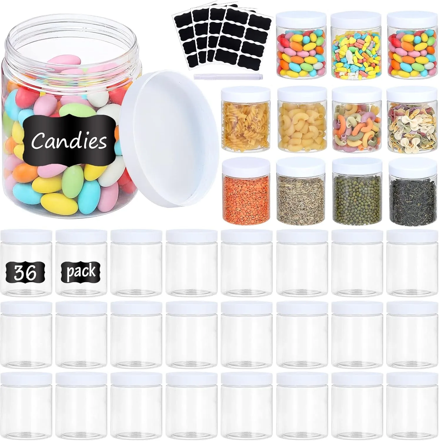 36PCS 8OZ Plastic Jars with Screw on Lids, Pen and Labels Refillable Empty round Slime Cosmetics Containers for Storing Dry Food, Makeup, Slime, Honey Jam, Cream, Butter, Lotion (Black)