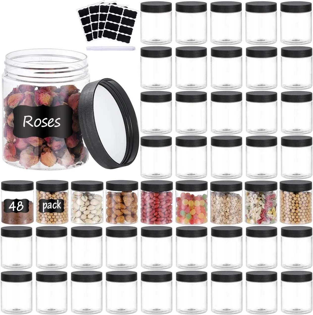 36PCS 8OZ Plastic Jars with Screw on Lids, Pen and Labels Refillable Empty round Slime Cosmetics Containers for Storing Dry Food, Makeup, Slime, Honey Jam, Cream, Butter, Lotion (Black)