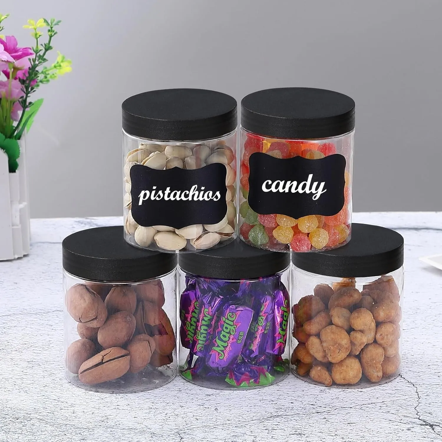 36PCS 8OZ Plastic Jars with Screw on Lids, Pen and Labels Refillable Empty round Slime Cosmetics Containers for Storing Dry Food, Makeup, Slime, Honey Jam, Cream, Butter, Lotion (Black)
