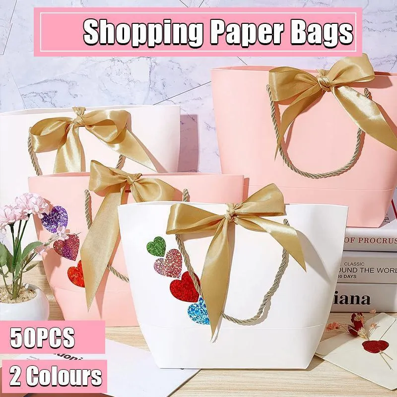 50PCS Goodie Tote Bow Tie Shopping Paper Sacks Resuable Clothing Bag 19X9X20cm