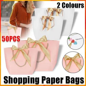 50PCS Goodie Tote Bow Tie Shopping Paper Sacks Resuable Clothing Bag 19X9X20cm
