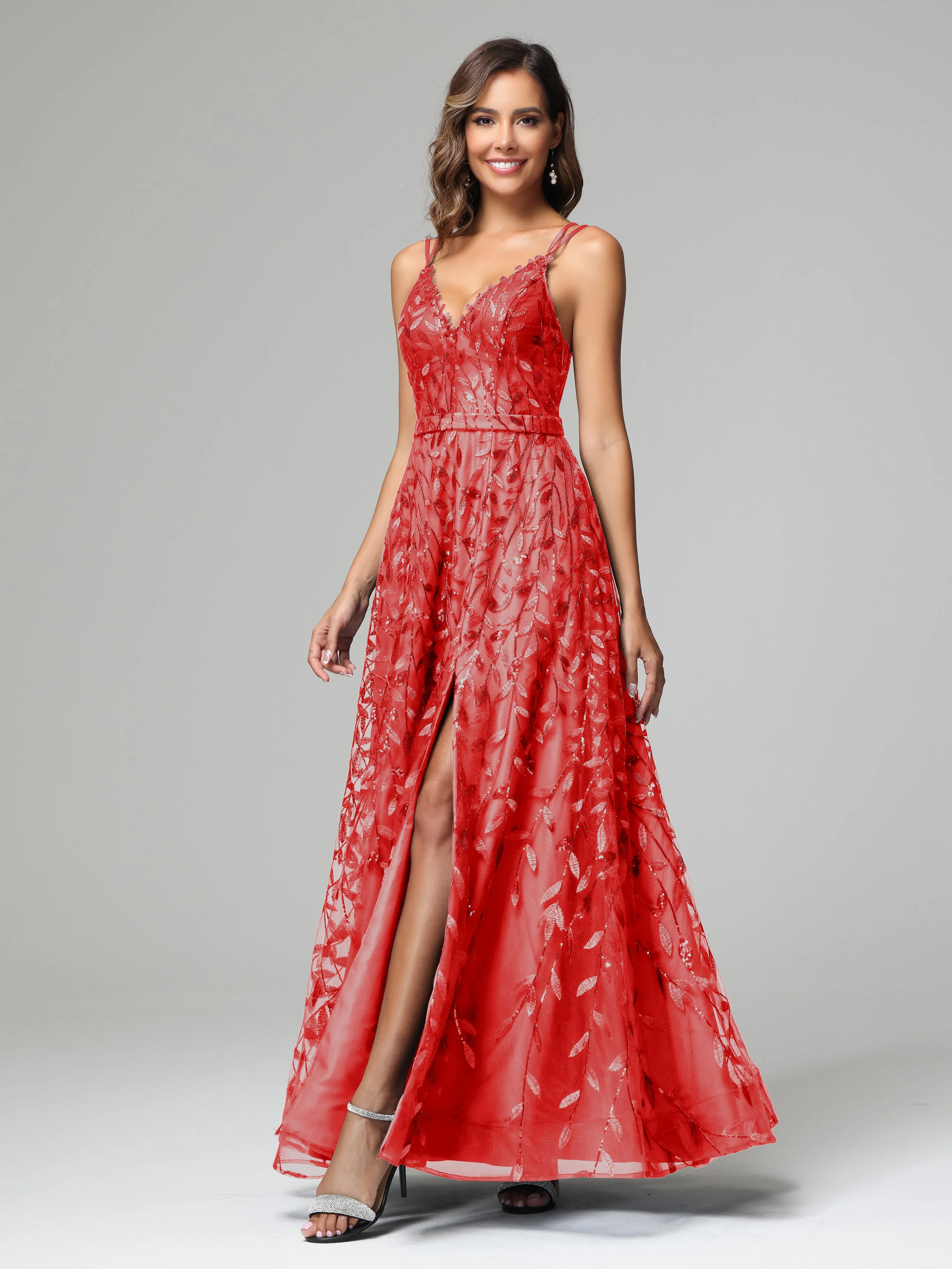 A-line Dark Navy Spaghetti Straps V-neck Lace Prom Dresses