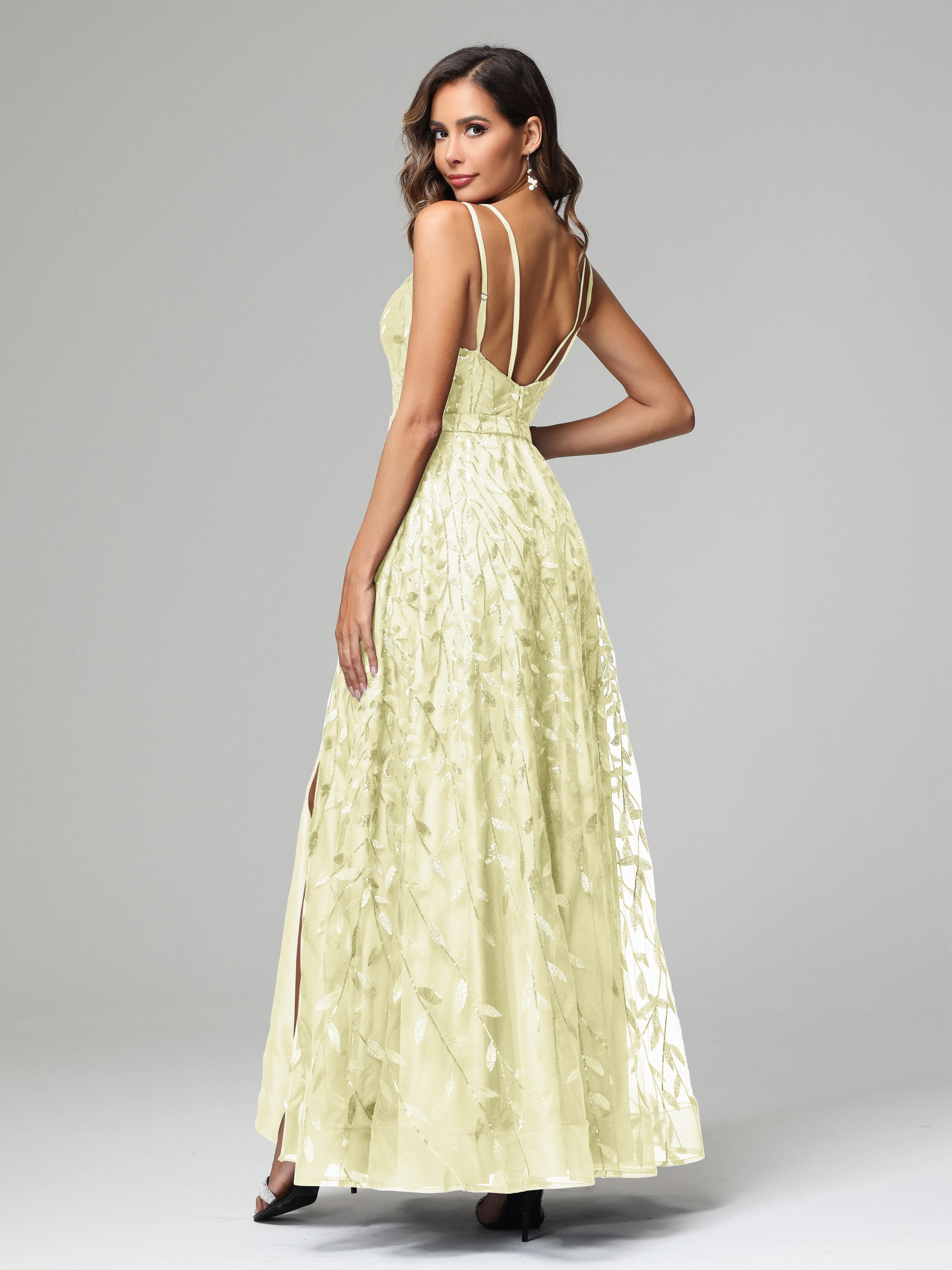A-line Dark Navy Spaghetti Straps V-neck Lace Prom Dresses