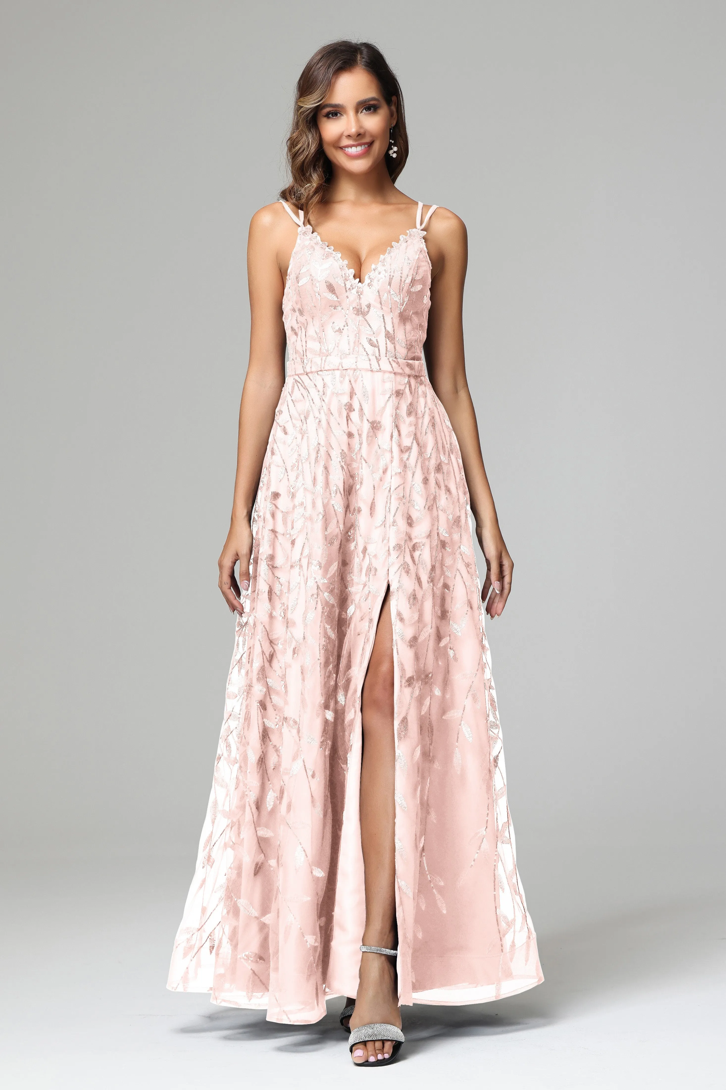 A-line Dark Navy Spaghetti Straps V-neck Lace Prom Dresses
