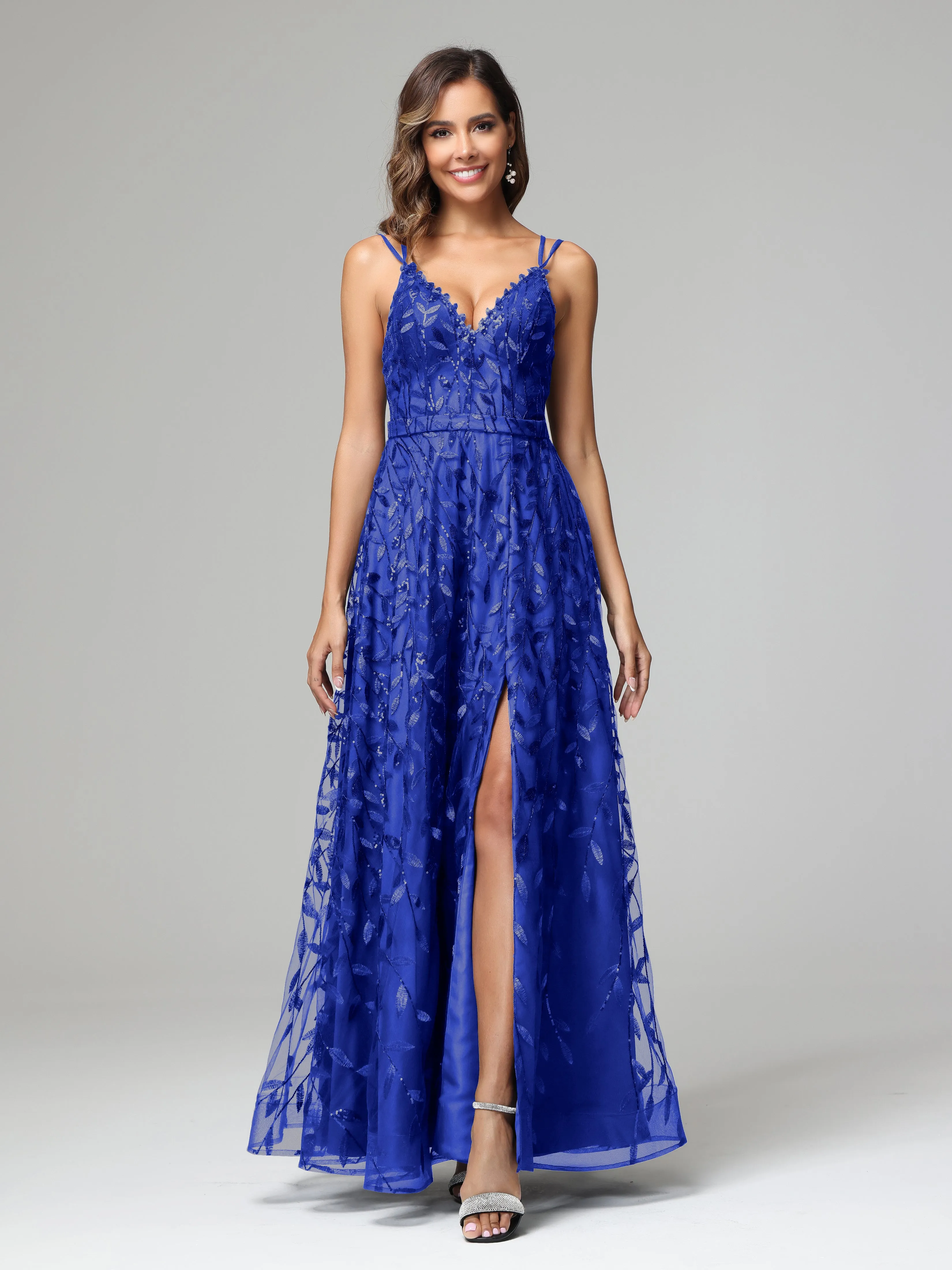 A-line Dark Navy Spaghetti Straps V-neck Lace Prom Dresses