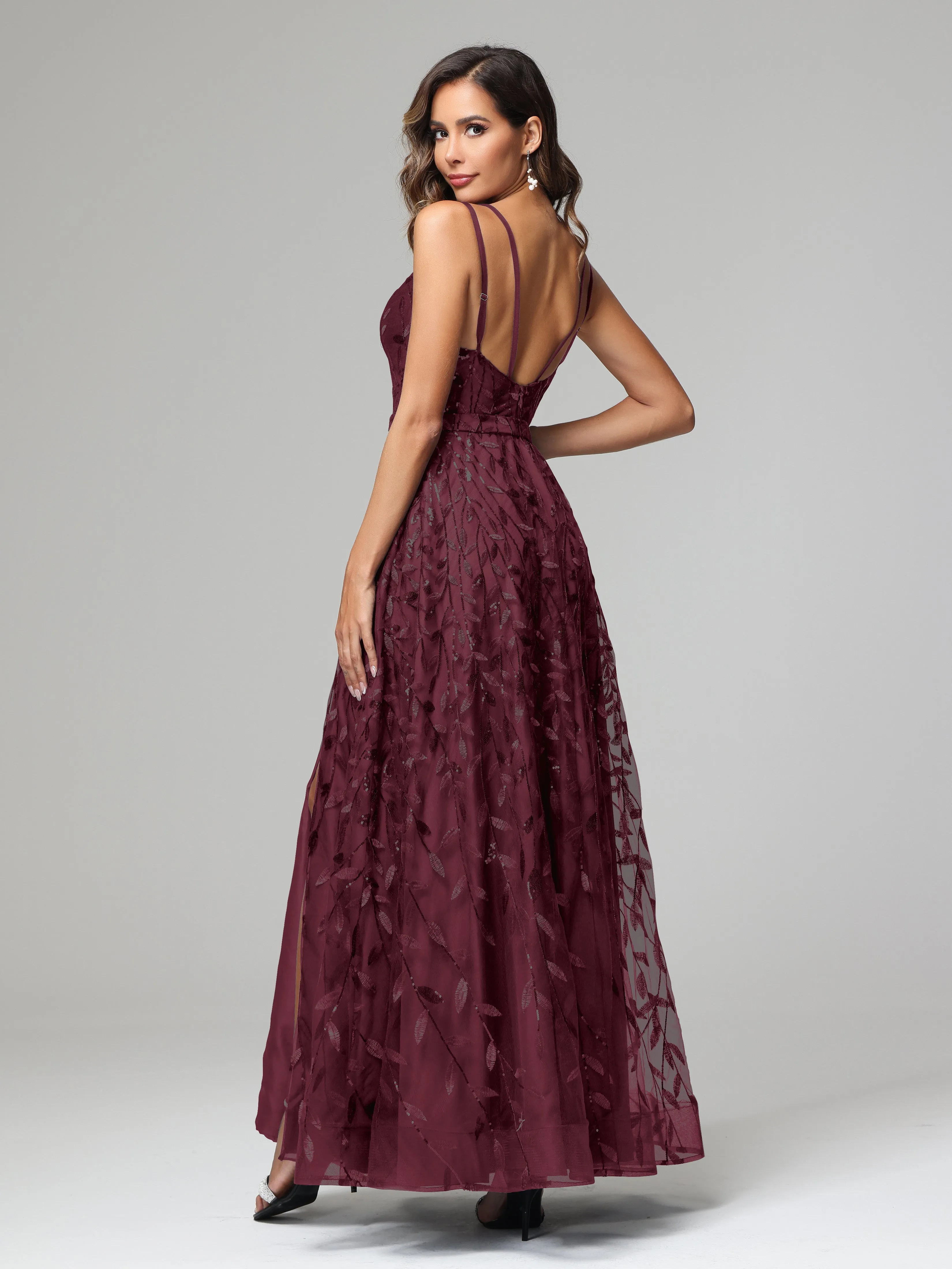 A-line Dark Navy Spaghetti Straps V-neck Lace Prom Dresses