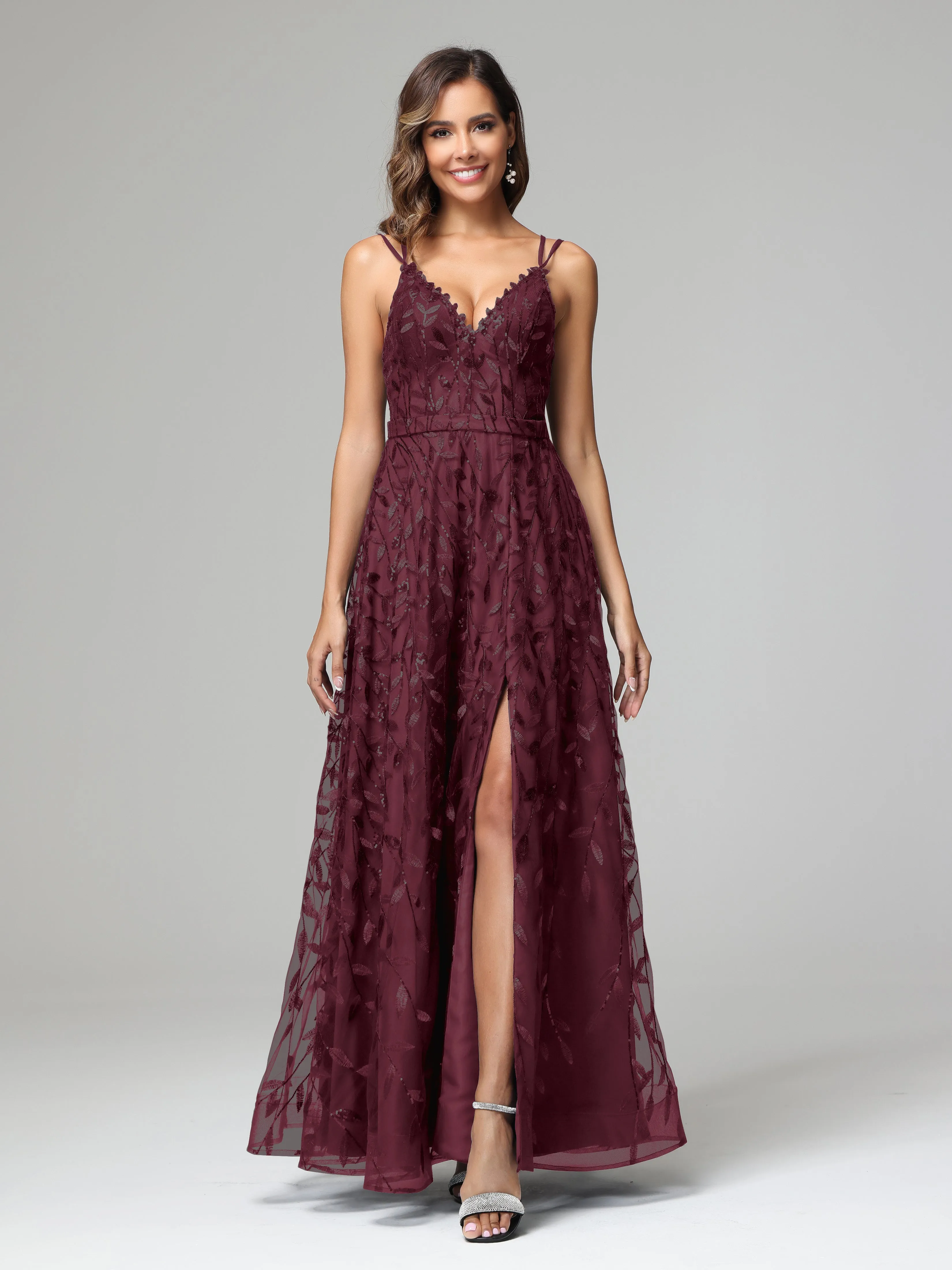 A-line Dark Navy Spaghetti Straps V-neck Lace Prom Dresses