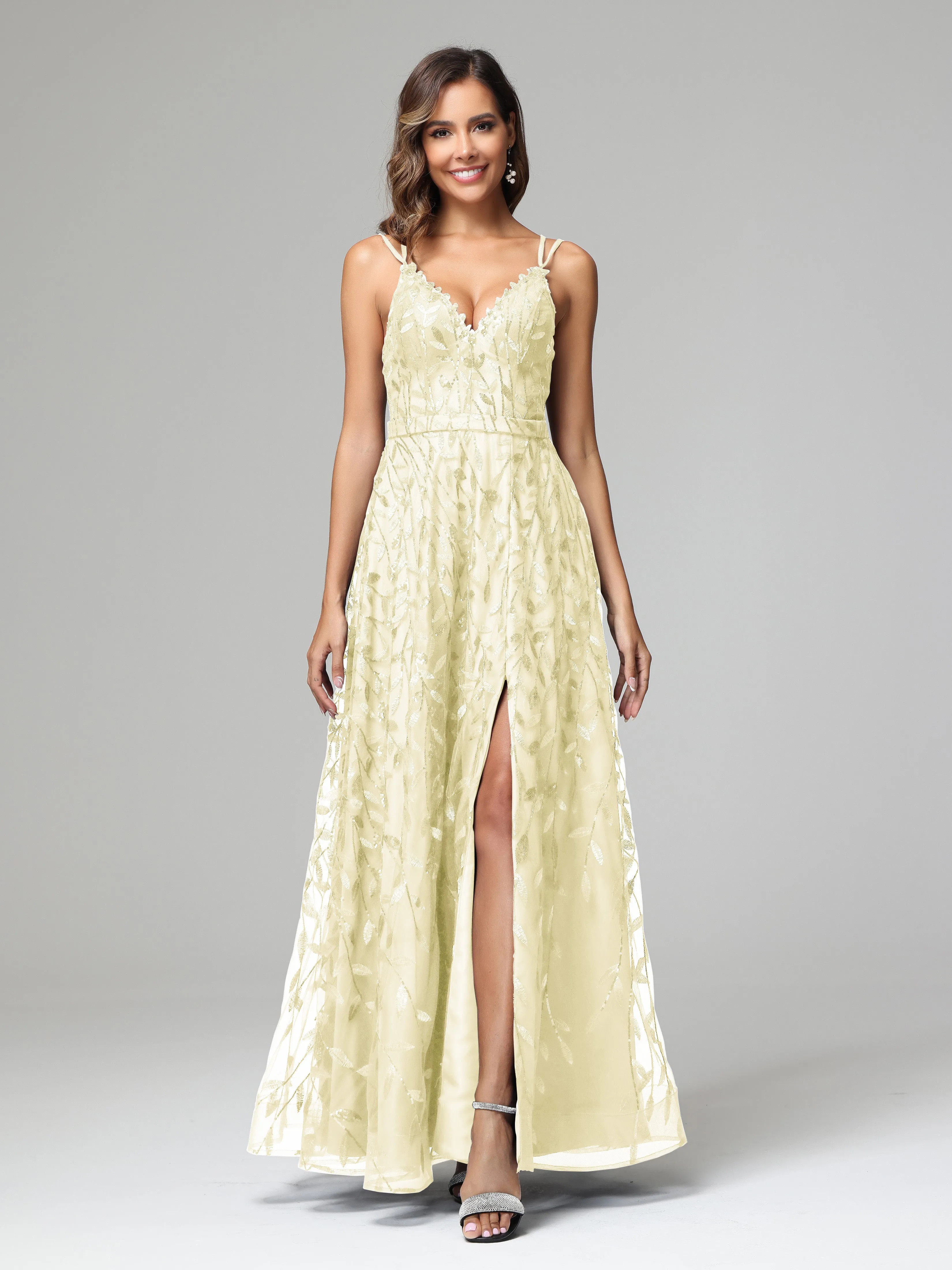 A-line Dark Navy Spaghetti Straps V-neck Lace Prom Dresses