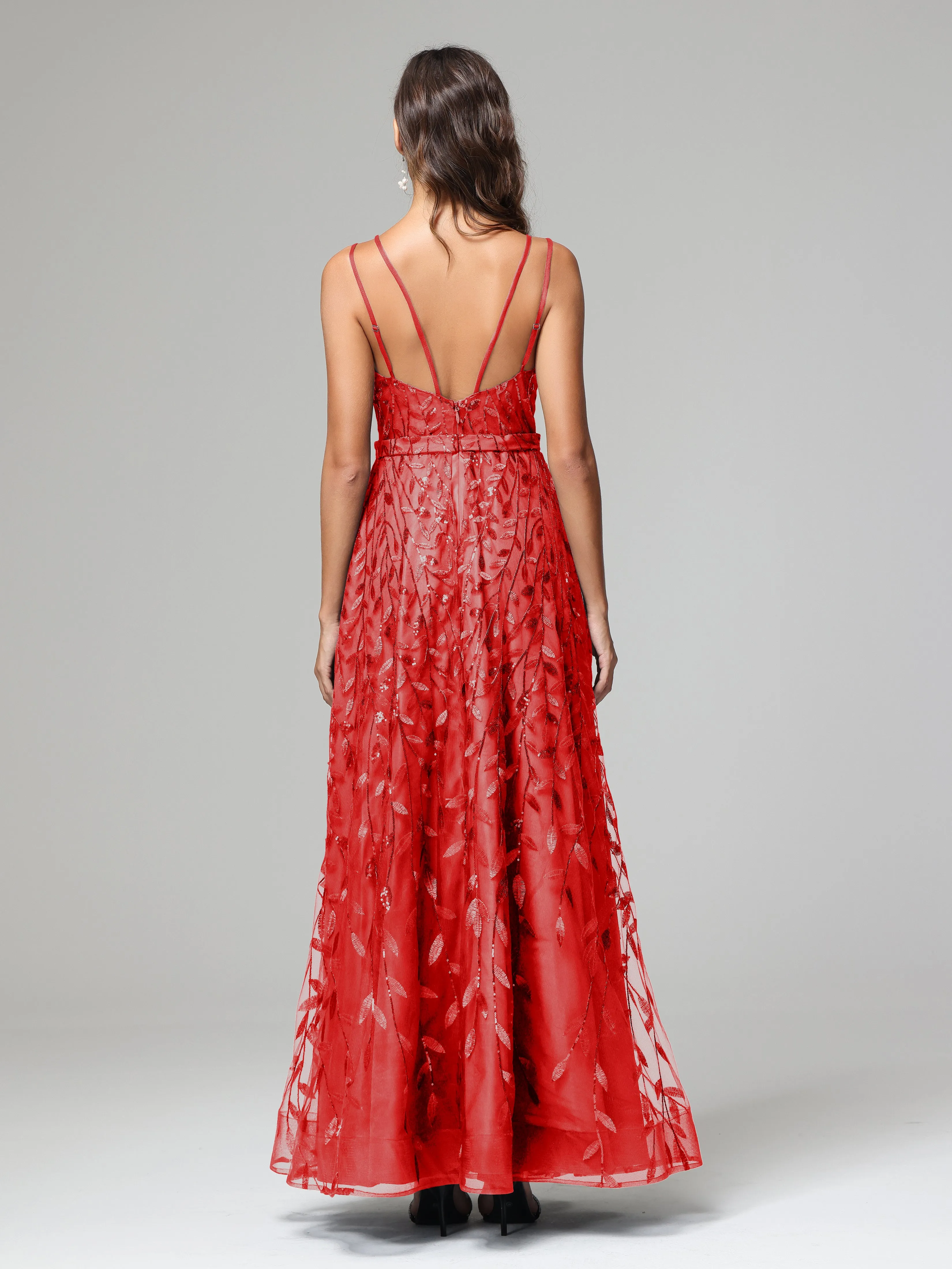 A-line Dark Navy Spaghetti Straps V-neck Lace Prom Dresses