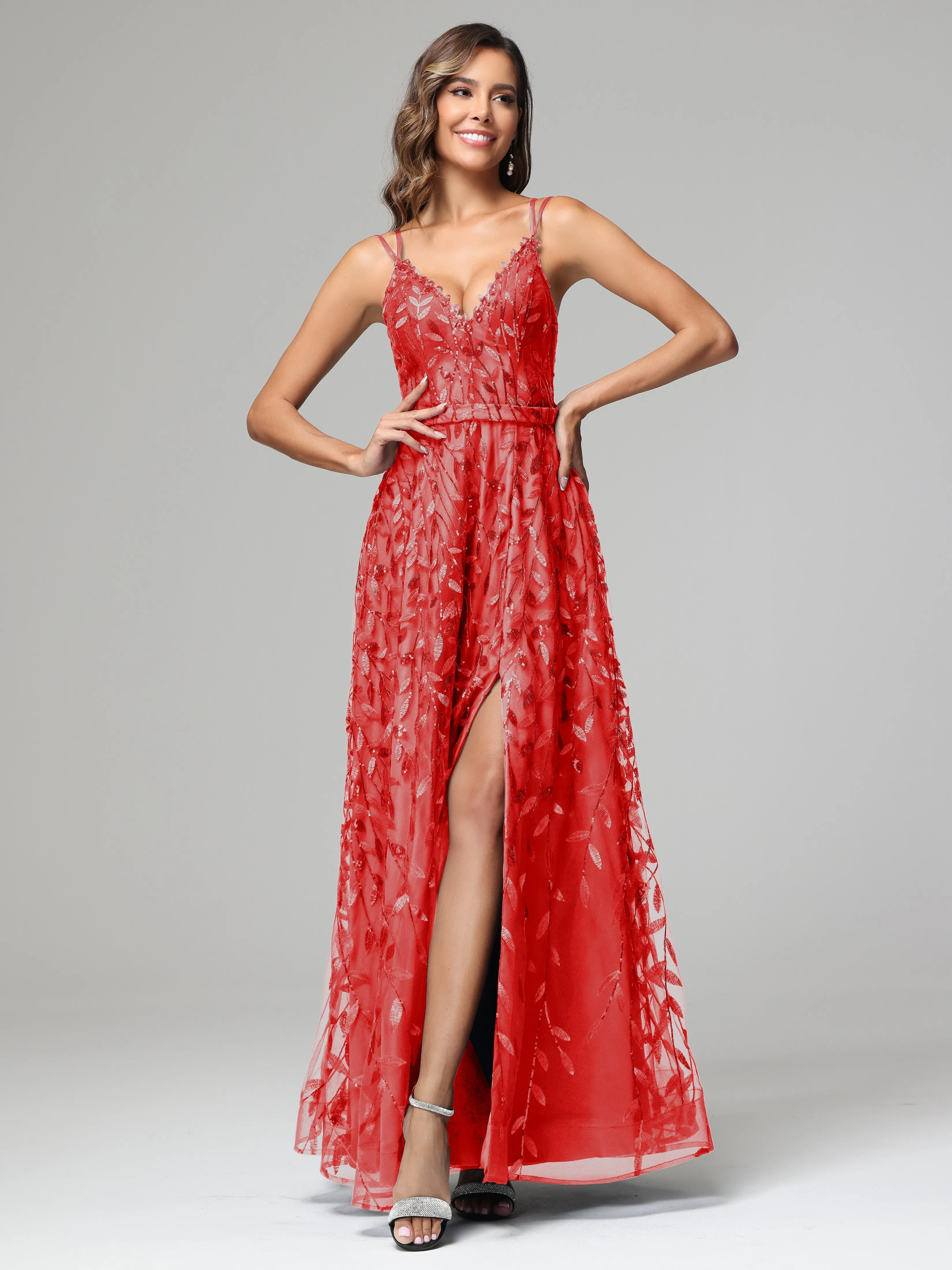 A-line Dark Navy Spaghetti Straps V-neck Lace Prom Dresses