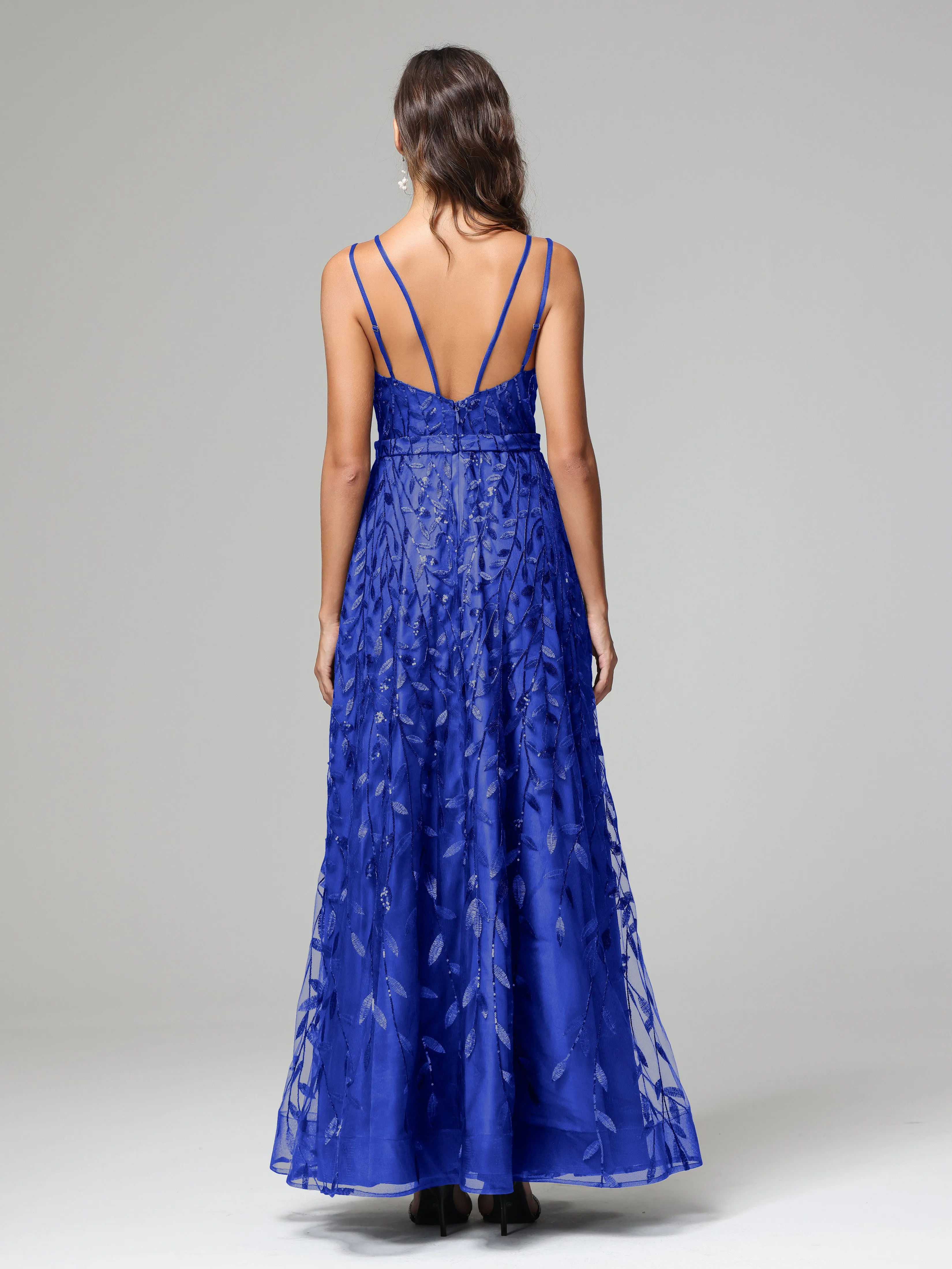 A-line Dark Navy Spaghetti Straps V-neck Lace Prom Dresses