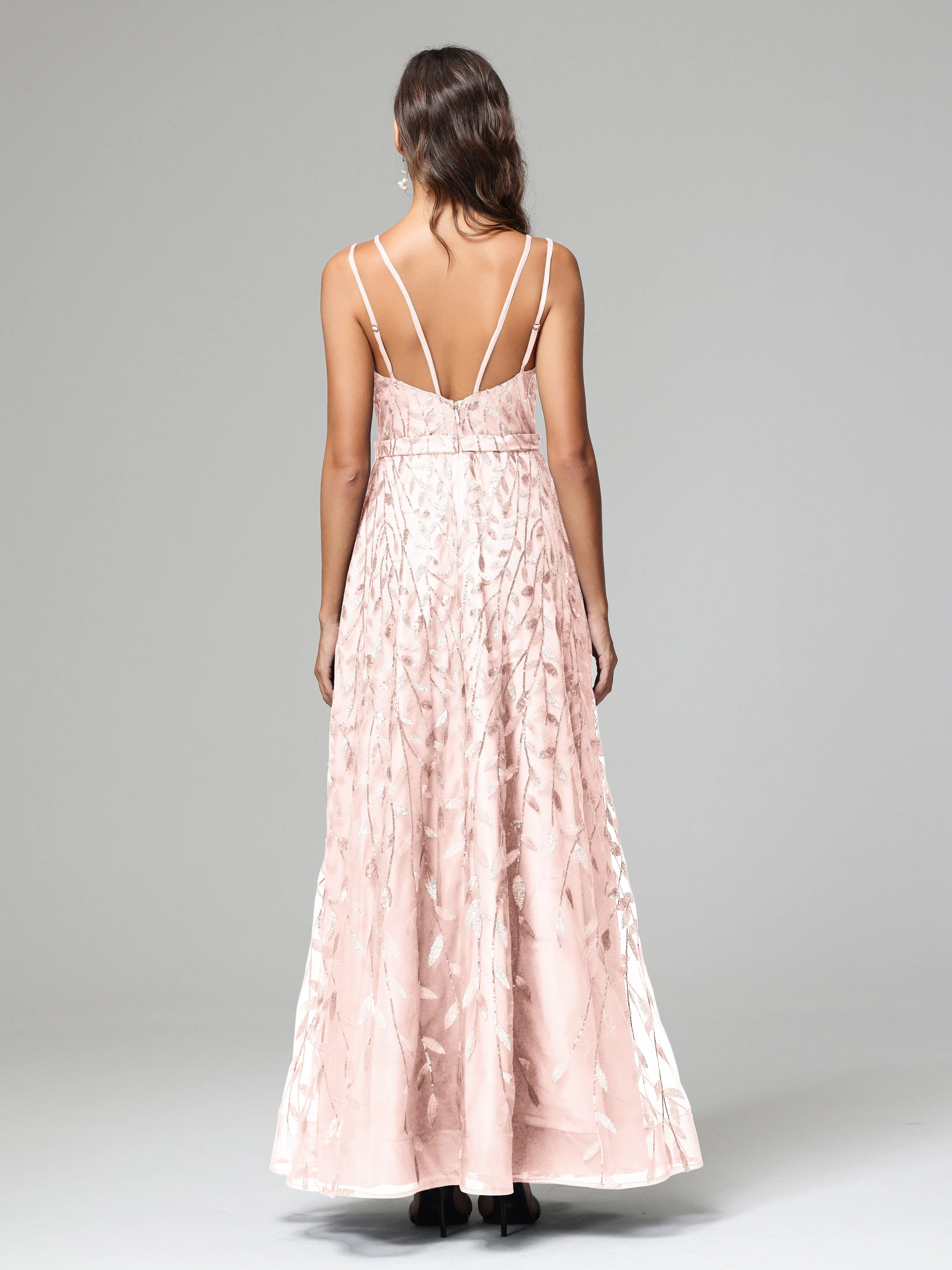 A-line Dark Navy Spaghetti Straps V-neck Lace Prom Dresses