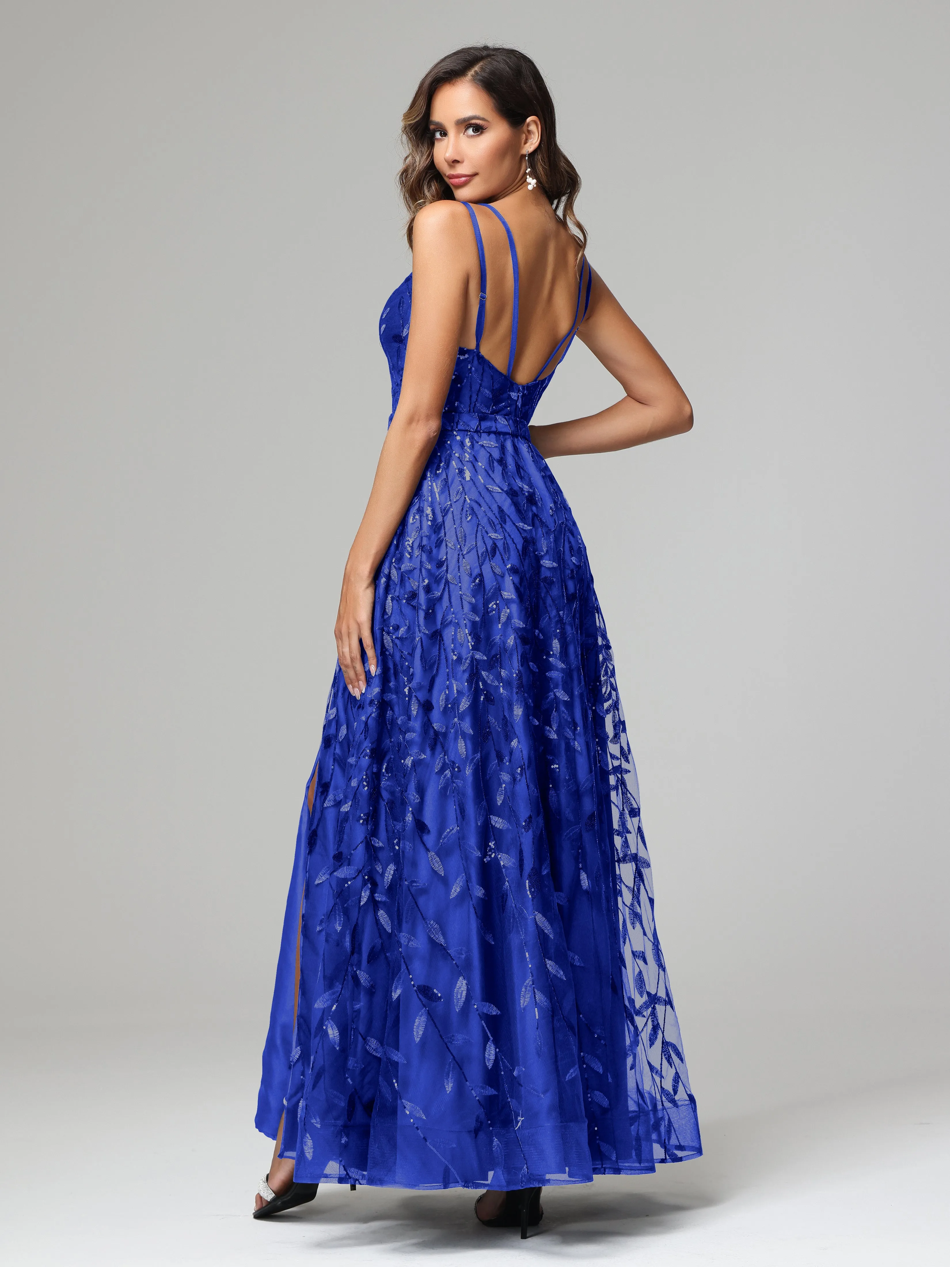 A-line Dark Navy Spaghetti Straps V-neck Lace Prom Dresses