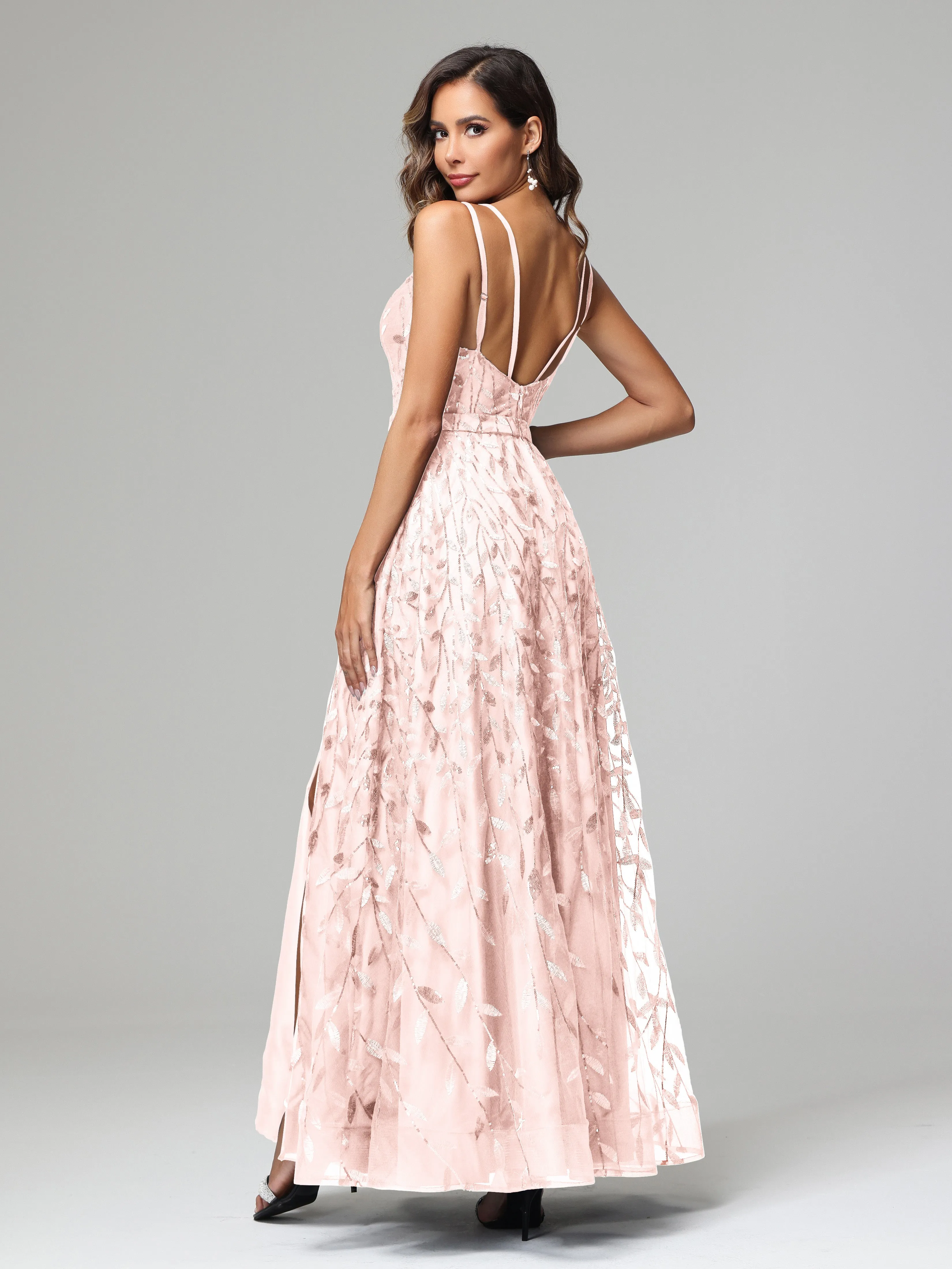 A-line Dark Navy Spaghetti Straps V-neck Lace Prom Dresses
