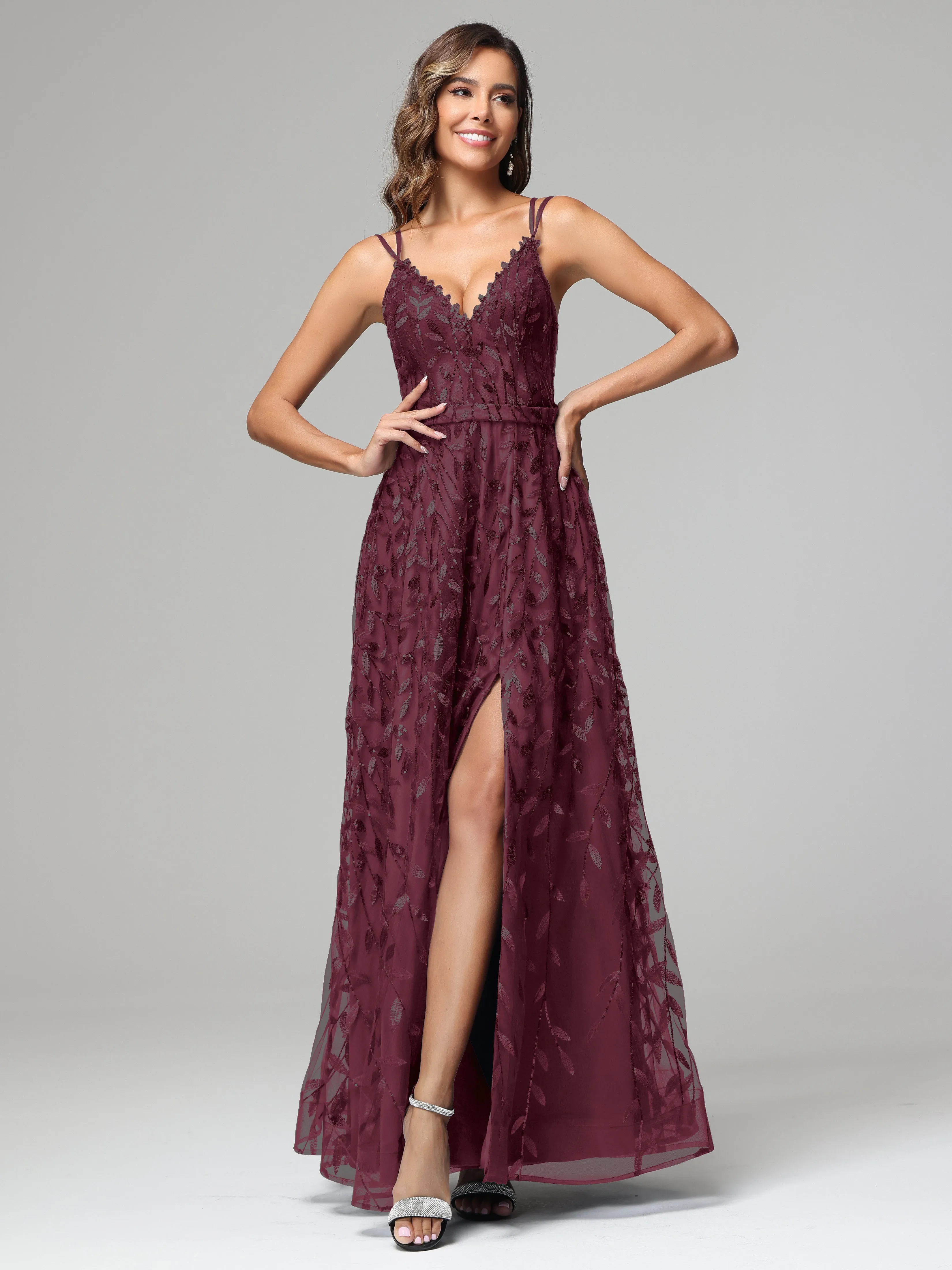 A-line Dark Navy Spaghetti Straps V-neck Lace Prom Dresses