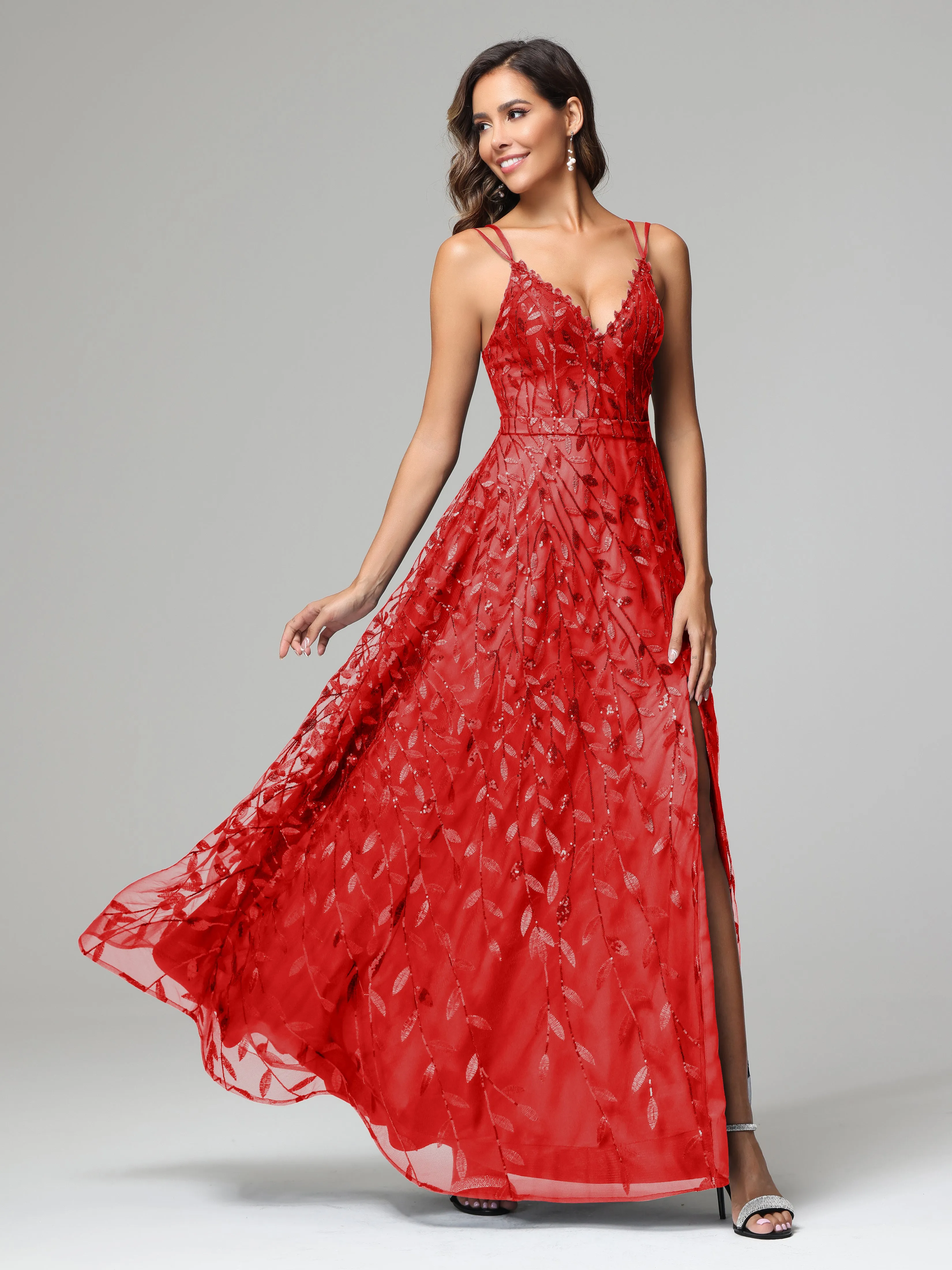 A-line Dark Navy Spaghetti Straps V-neck Lace Prom Dresses